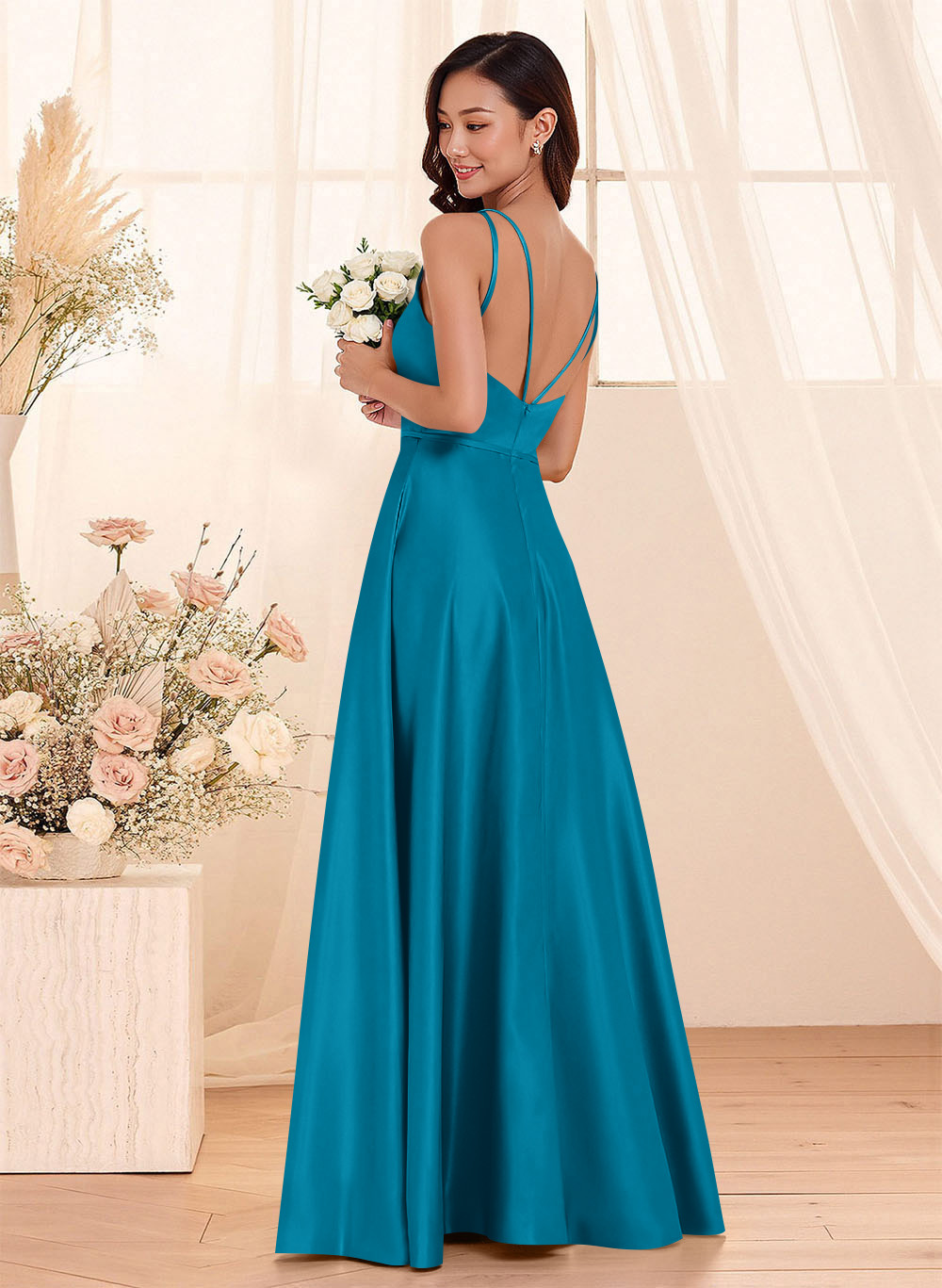 Classic Scoop Neck A-Line Floor-Length Satin Bridesmaid Dresses, product image 9