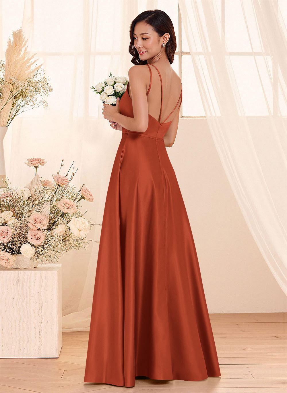 Classic Scoop Neck A-Line Floor-Length Satin Bridesmaid Dresses, product image 11