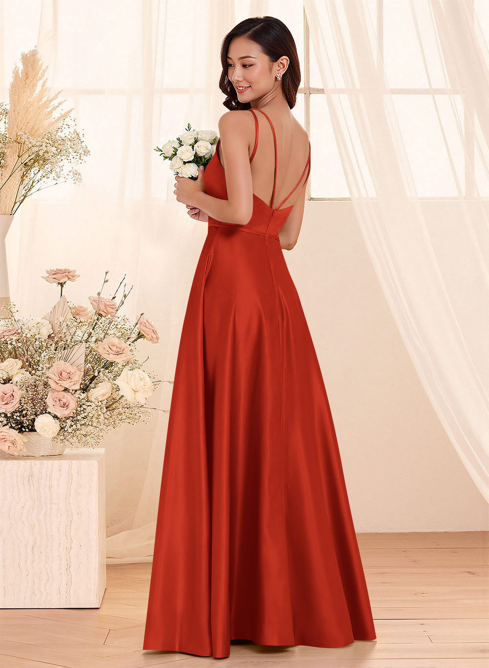 Classic Scoop Neck A-Line Floor-Length Satin Bridesmaid Dresses, product image 109