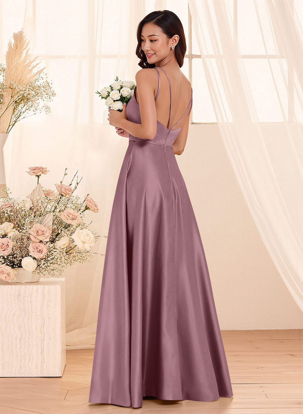 Classic Scoop Neck A-Line Floor-Length Satin Bridesmaid Dresses, product image 87