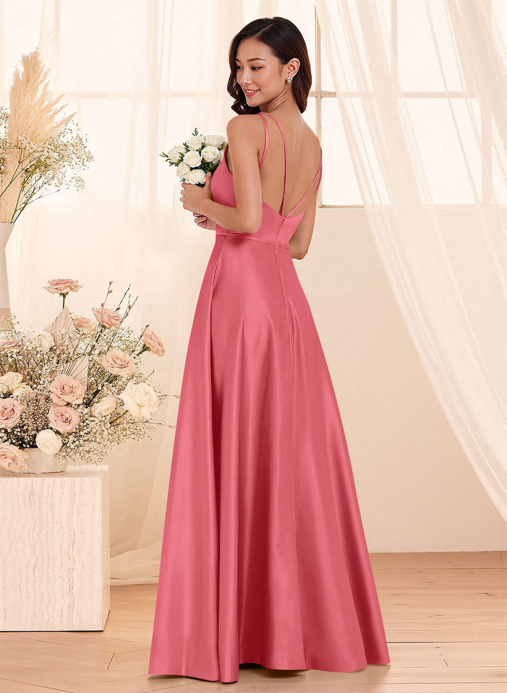 Classic Scoop Neck A-Line Floor-Length Satin Bridesmaid Dresses, product image 107