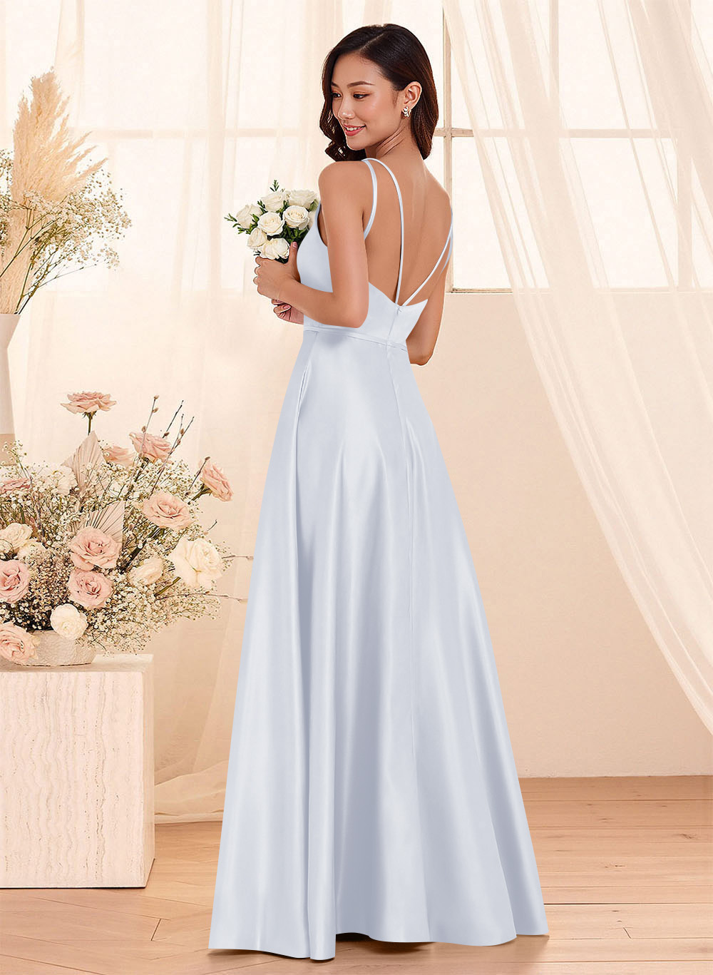 Classic Scoop Neck A-Line Floor-Length Satin Bridesmaid Dresses, product image 37