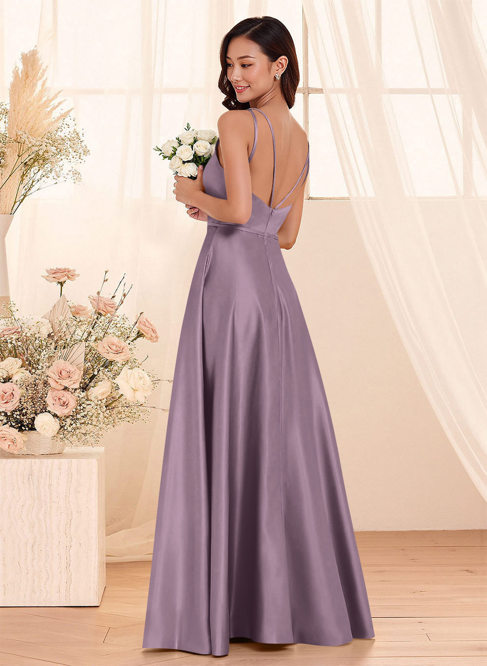 Classic Scoop Neck A-Line Floor-Length Satin Bridesmaid Dresses, product image 89
