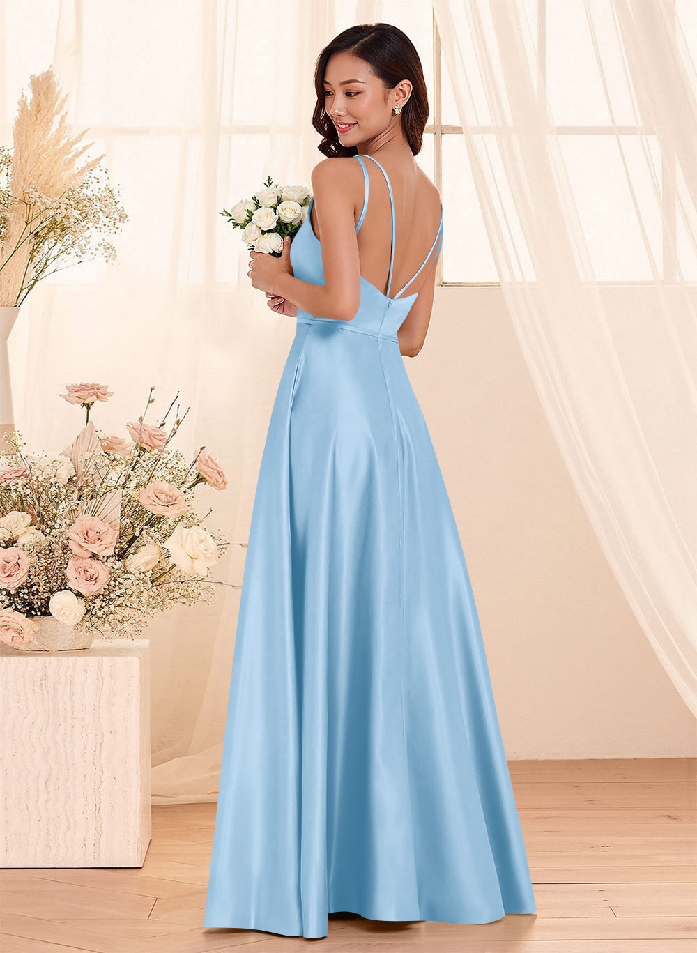 Classic Scoop Neck A-Line Floor-Length Satin Bridesmaid Dresses, product image 2