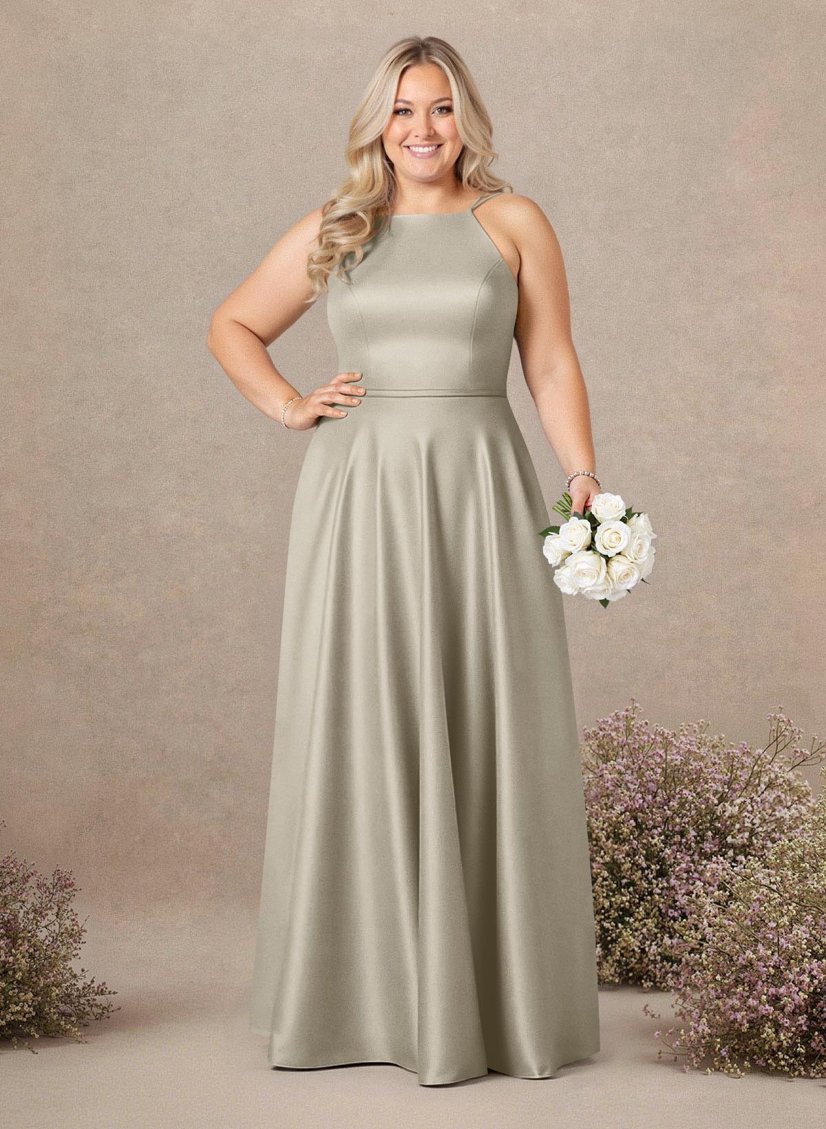Classic Scoop Neck A-Line Floor-Length Satin Bridesmaid Dresses, product image 158