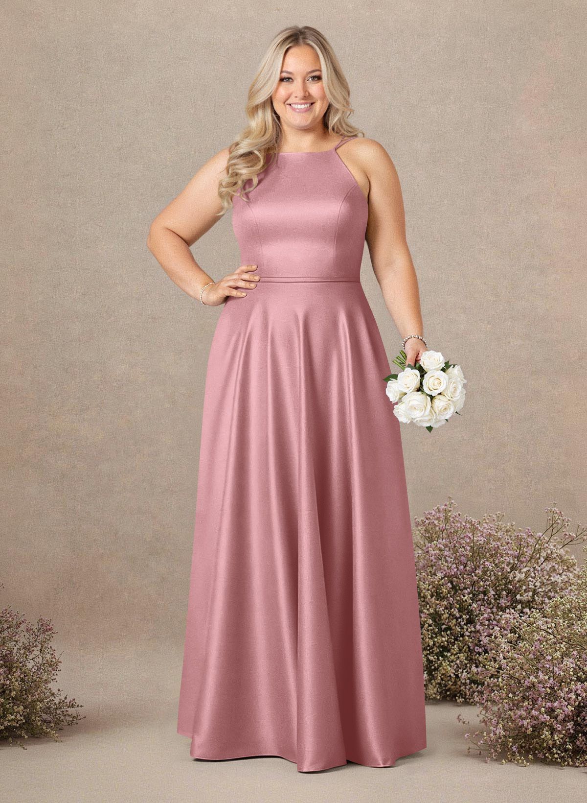 Classic Scoop Neck A-Line Floor-Length Satin Bridesmaid Dresses, product image 236