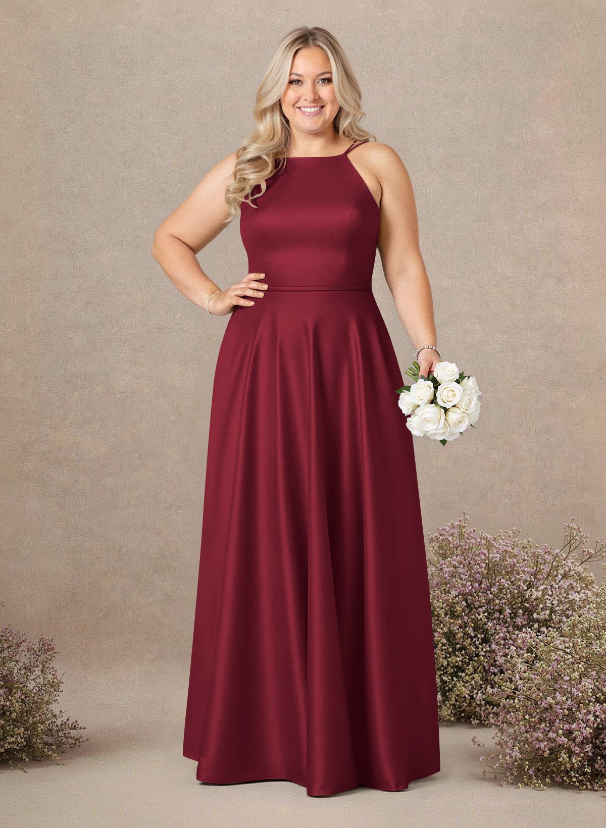 Classic Scoop Neck A-Line Floor-Length Satin Bridesmaid Dresses, product image 252