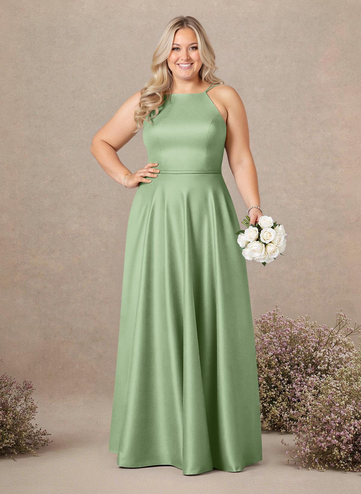 Classic Scoop Neck A-Line Floor-Length Satin Bridesmaid Dresses, product image 196