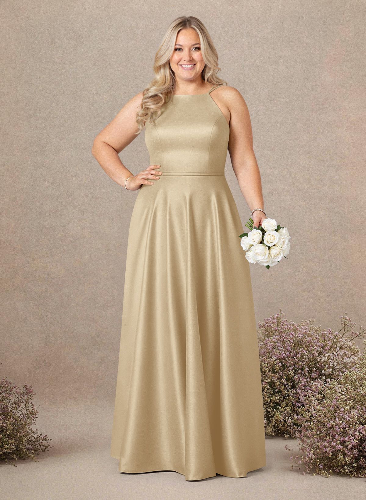 Classic Scoop Neck A-Line Floor-Length Satin Bridesmaid Dresses, product image 188