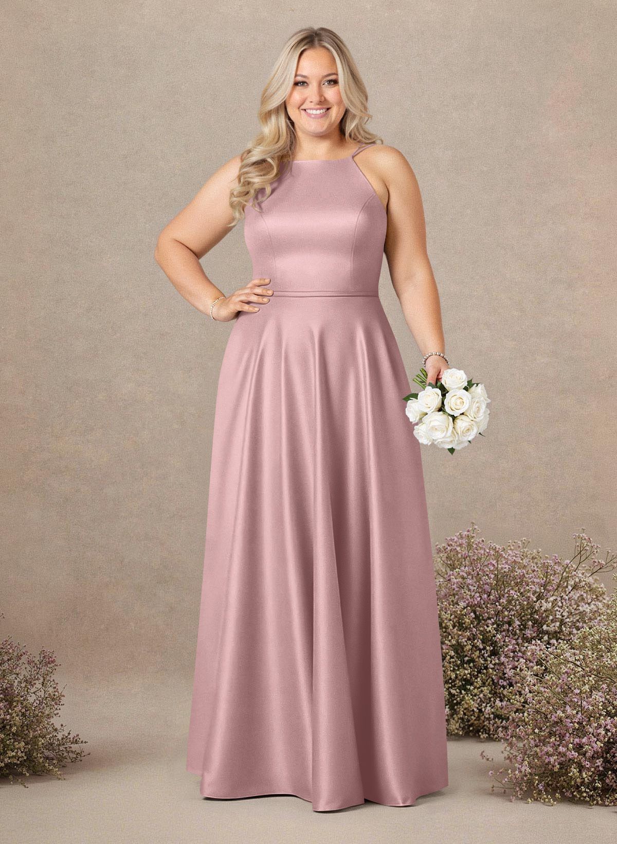 Classic Scoop Neck A-Line Floor-Length Satin Bridesmaid Dresses, product image 240