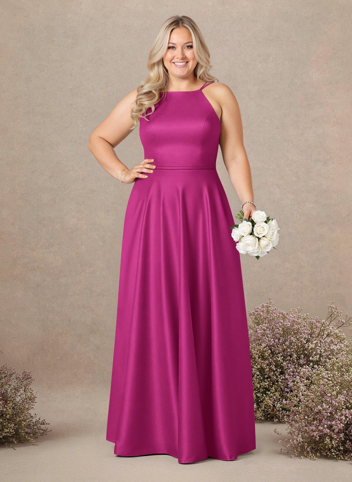 Classic Scoop Neck A-Line Floor-Length Satin Bridesmaid Dresses, product image 208