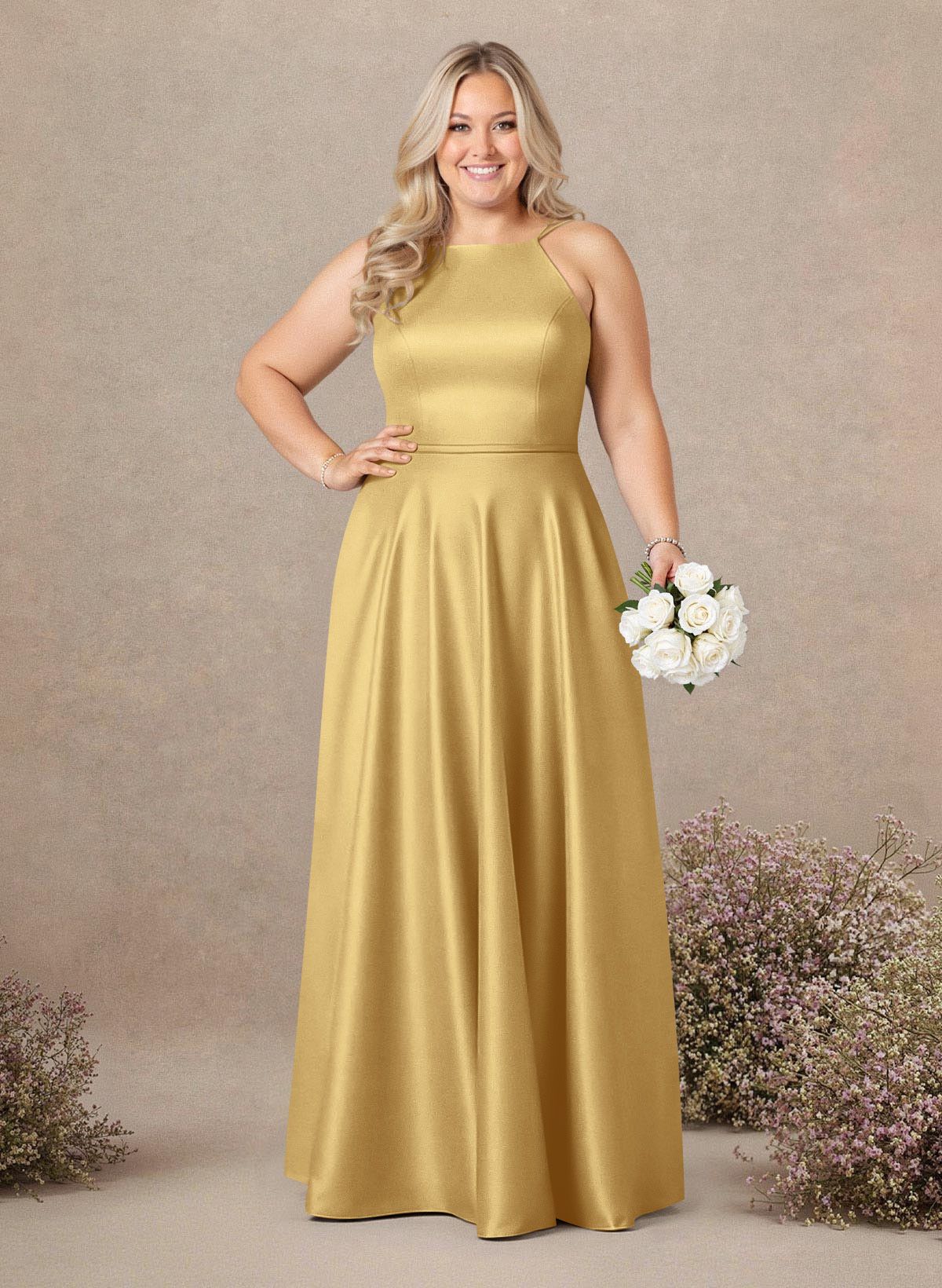 Classic Scoop Neck A-Line Floor-Length Satin Bridesmaid Dresses, product image 182