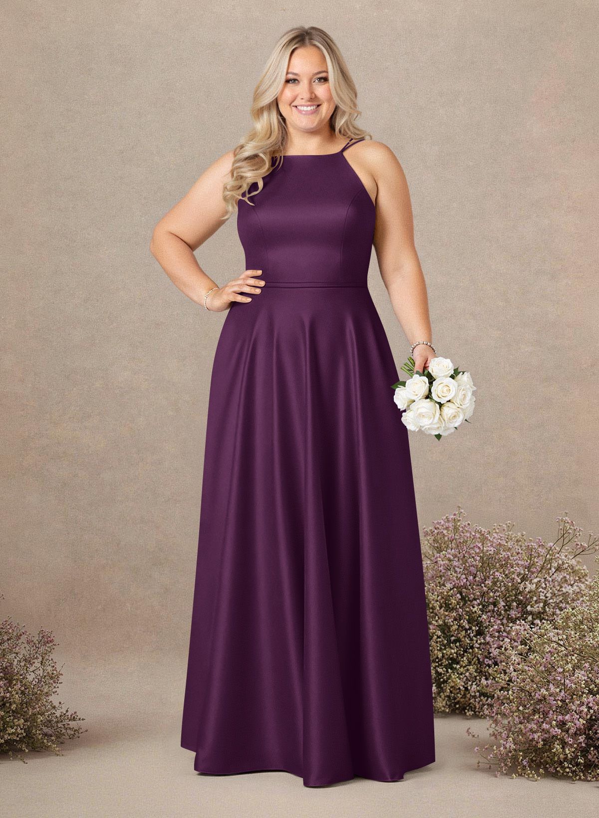 Classic Scoop Neck A-Line Floor-Length Satin Bridesmaid Dresses, product image 212