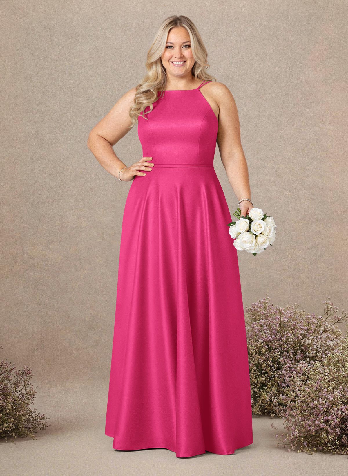 Classic Scoop Neck A-Line Floor-Length Satin Bridesmaid Dresses, product image 164