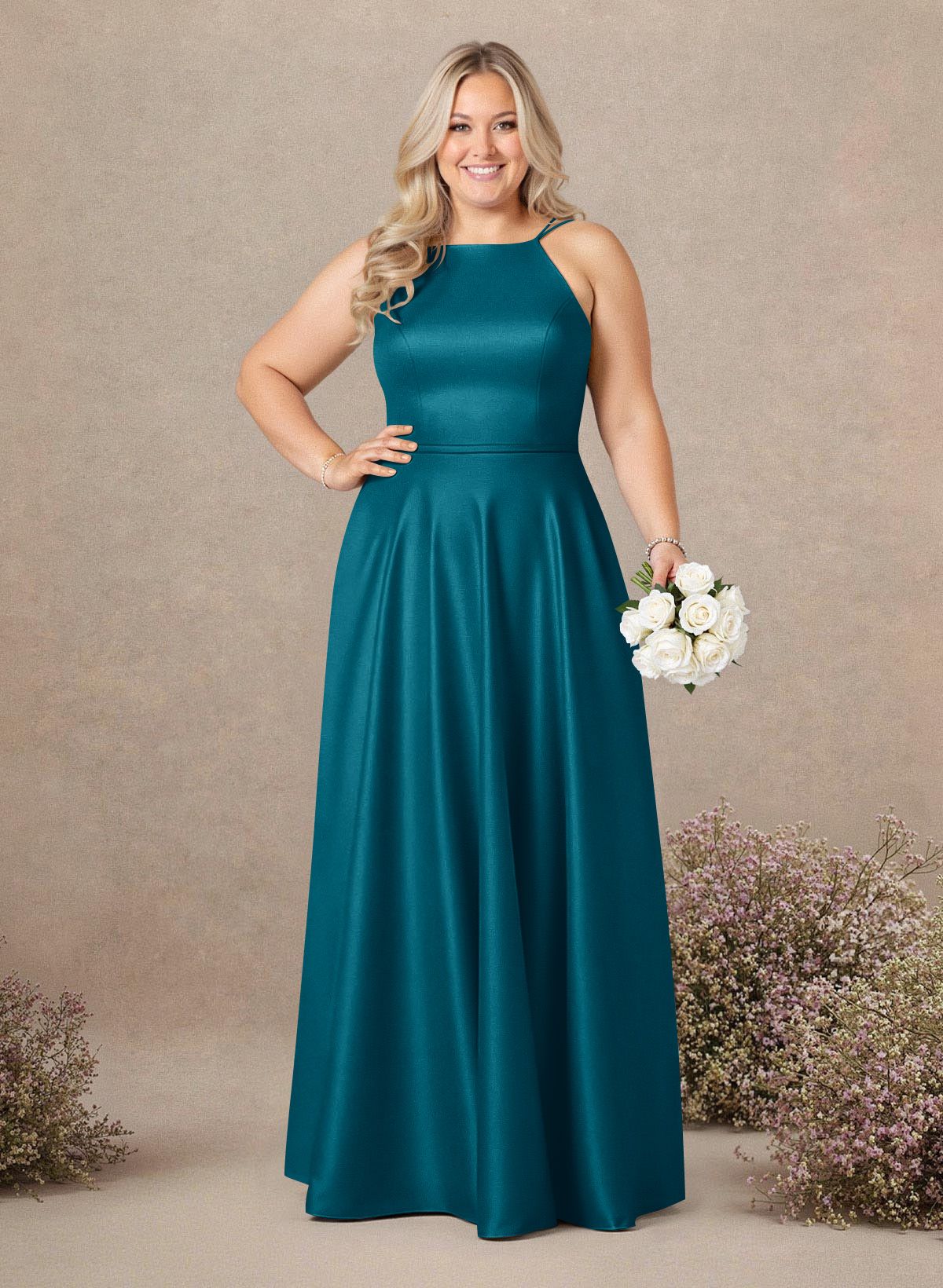 Classic Scoop Neck A-Line Floor-Length Satin Bridesmaid Dresses, product image 266