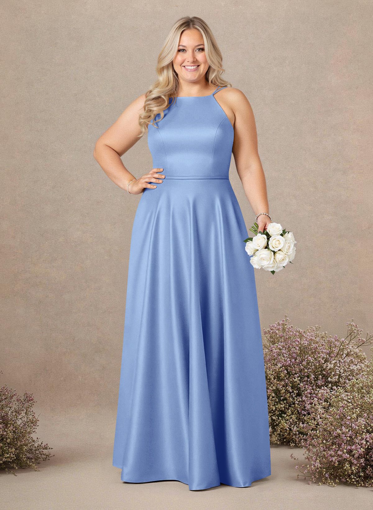 Classic Scoop Neck A-Line Floor-Length Satin Bridesmaid Dresses, product image 258