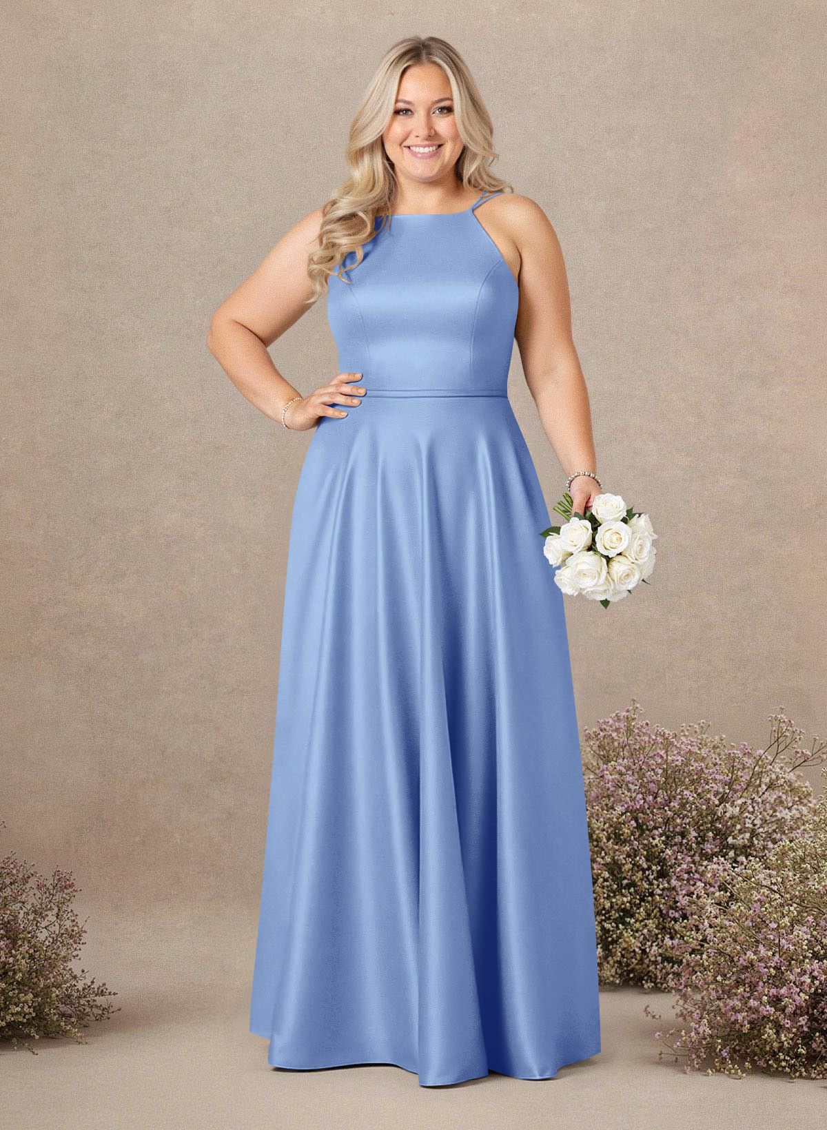 Classic Scoop Neck A-Line Floor-Length Satin Bridesmaid Dresses, product image 258