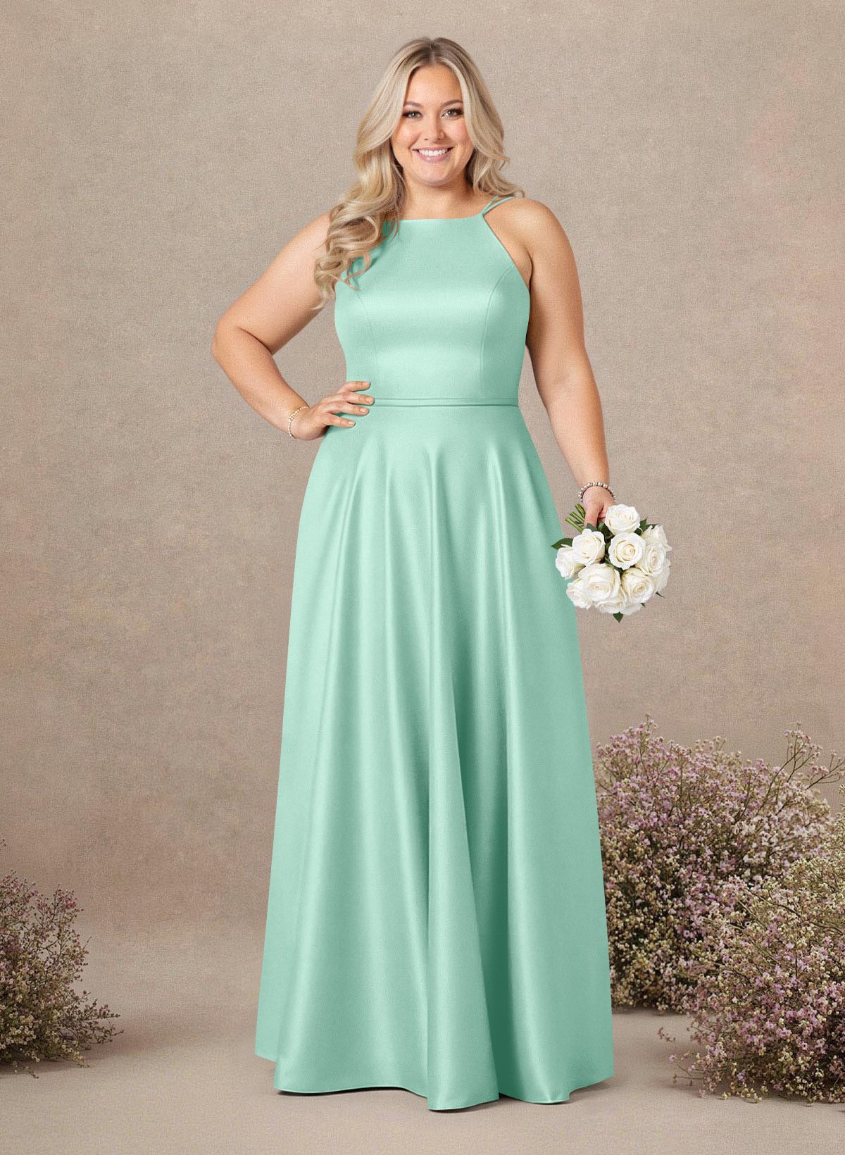 Classic Scoop Neck A-Line Floor-Length Satin Bridesmaid Dresses, product image 192