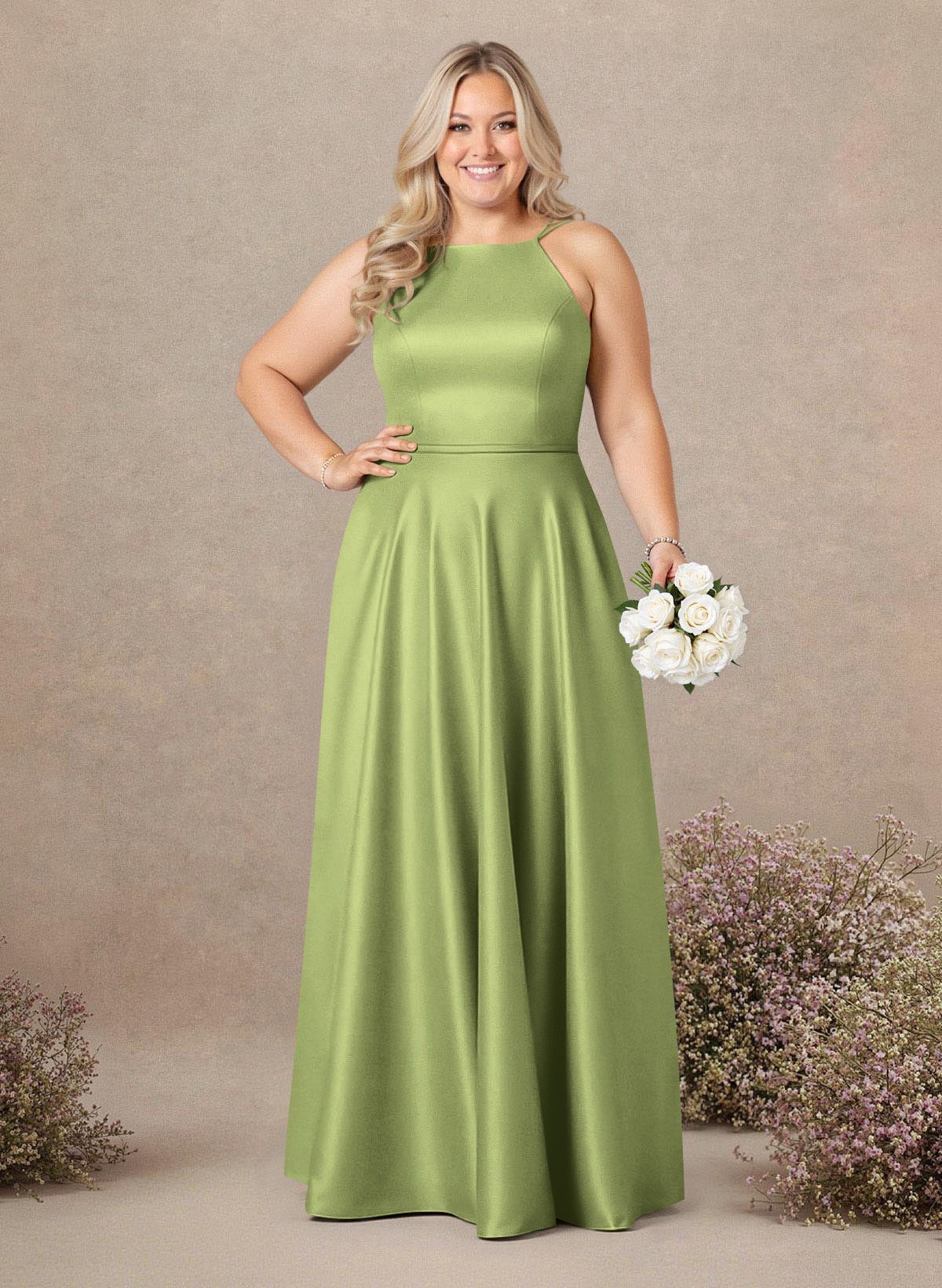Classic Scoop Neck A-Line Floor-Length Satin Bridesmaid Dresses, product image 148
