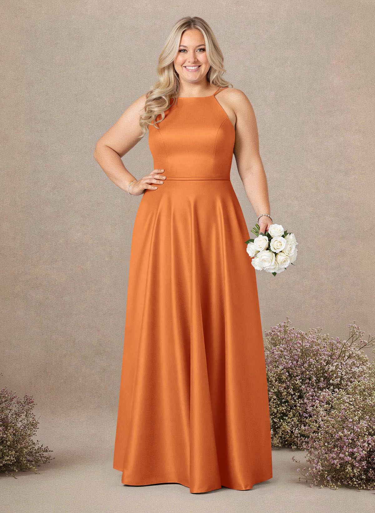 Classic Scoop Neck A-Line Floor-Length Satin Bridesmaid Dresses, product image 180