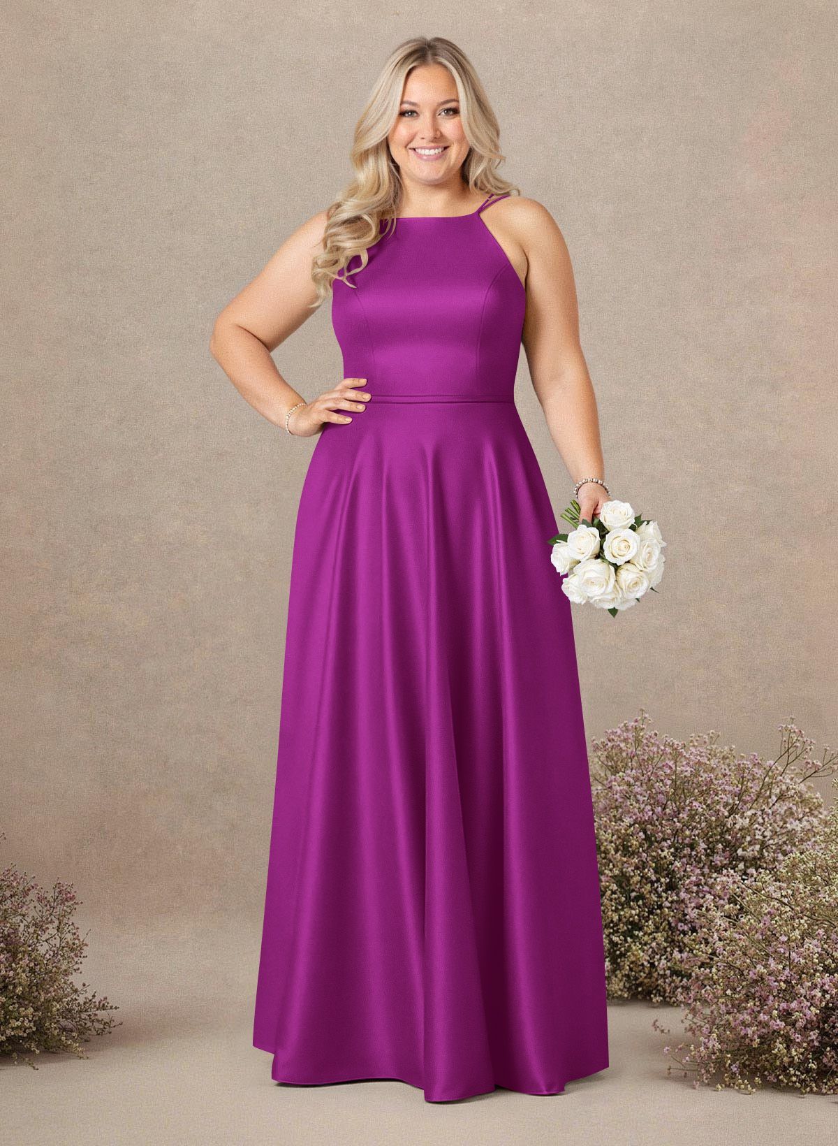 Classic Scoop Neck A-Line Floor-Length Satin Bridesmaid Dresses, product image 210