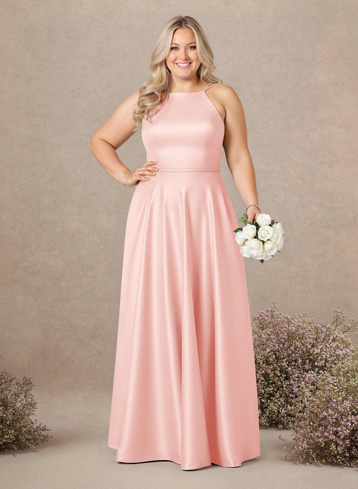 Classic Scoop Neck A-Line Floor-Length Satin Bridesmaid Dresses, product image 238
