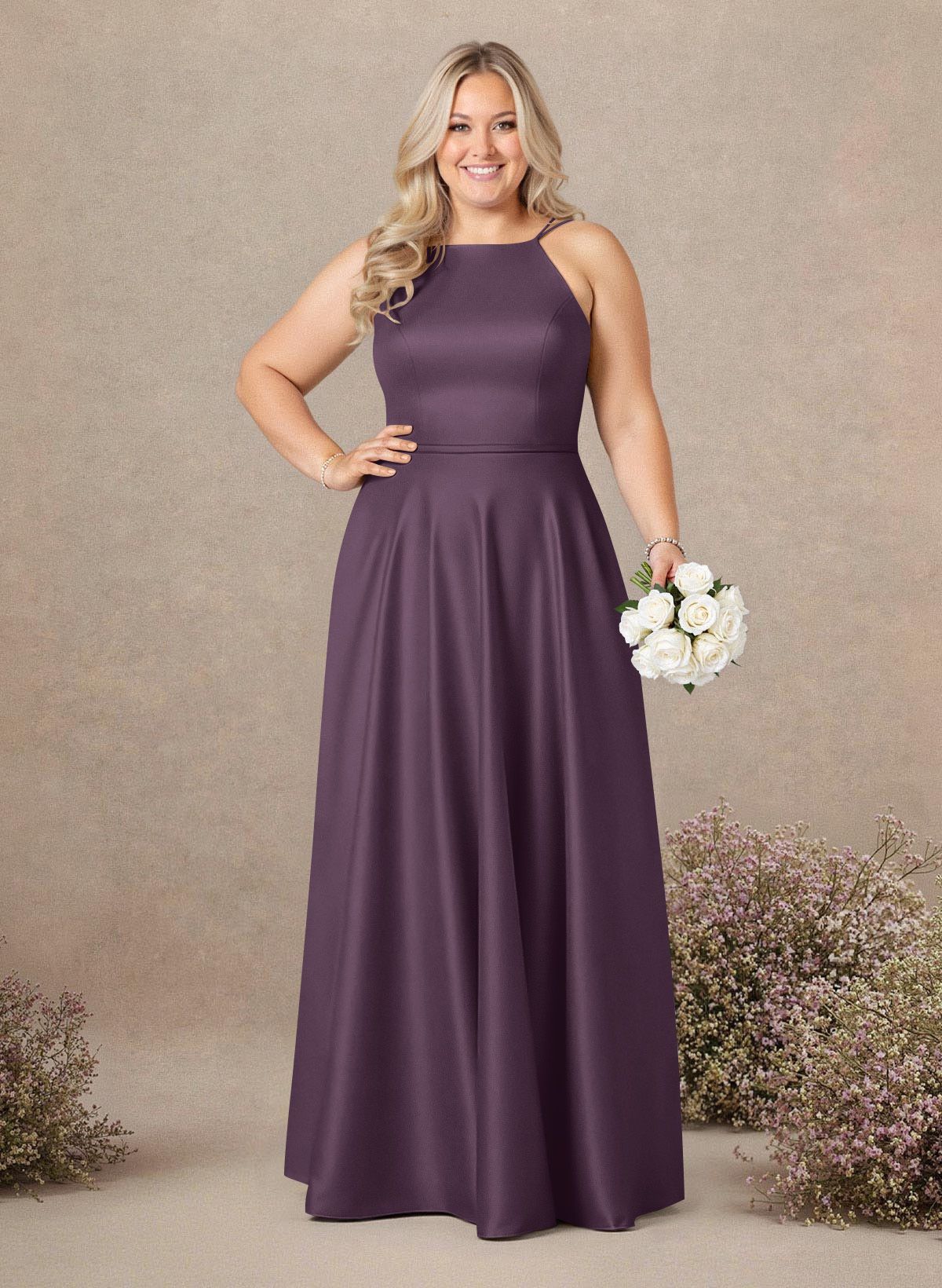 Classic Scoop Neck A-Line Floor-Length Satin Bridesmaid Dresses, product image 162