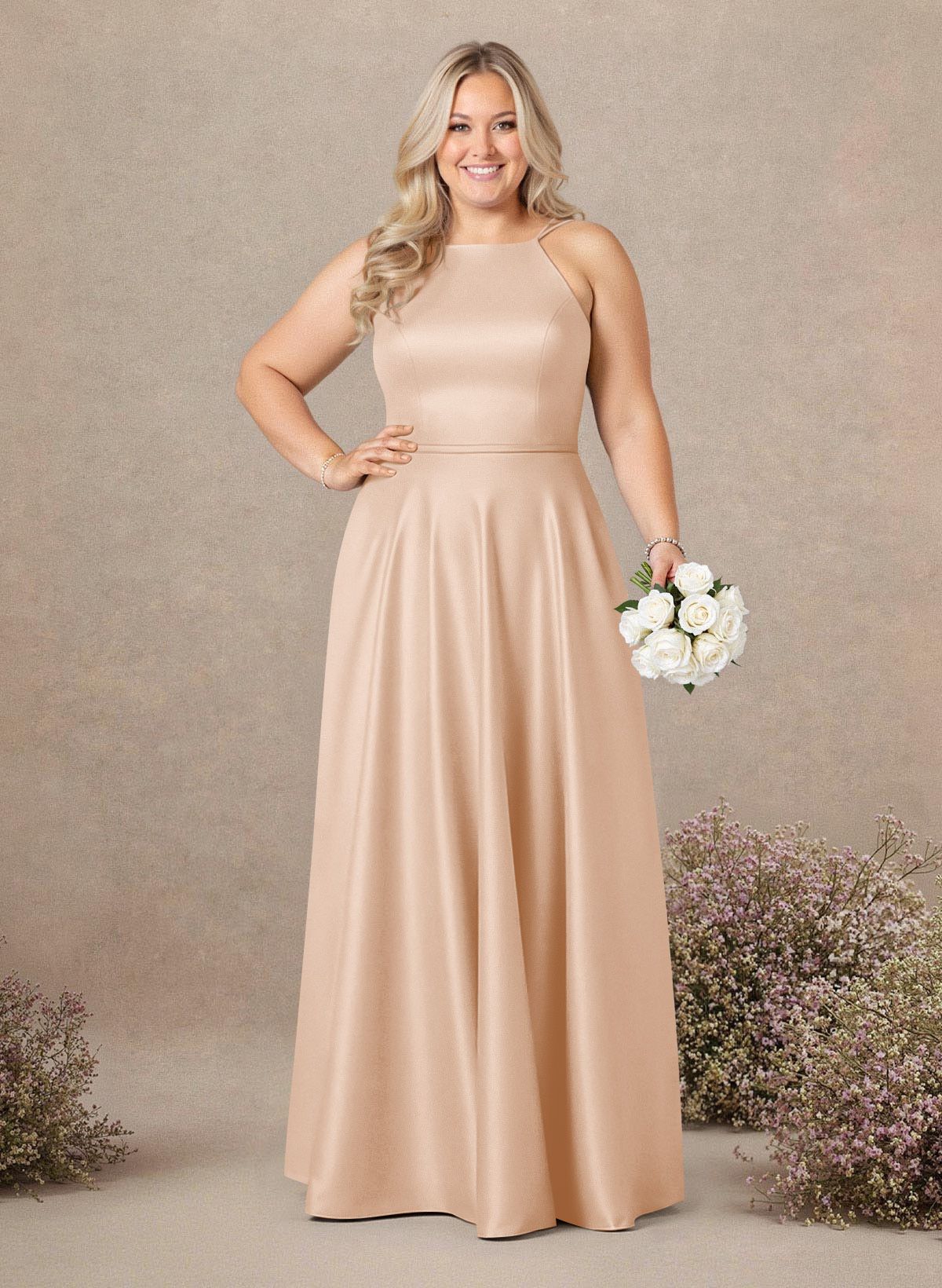 Classic Scoop Neck A-Line Floor-Length Satin Bridesmaid Dresses, product image 154