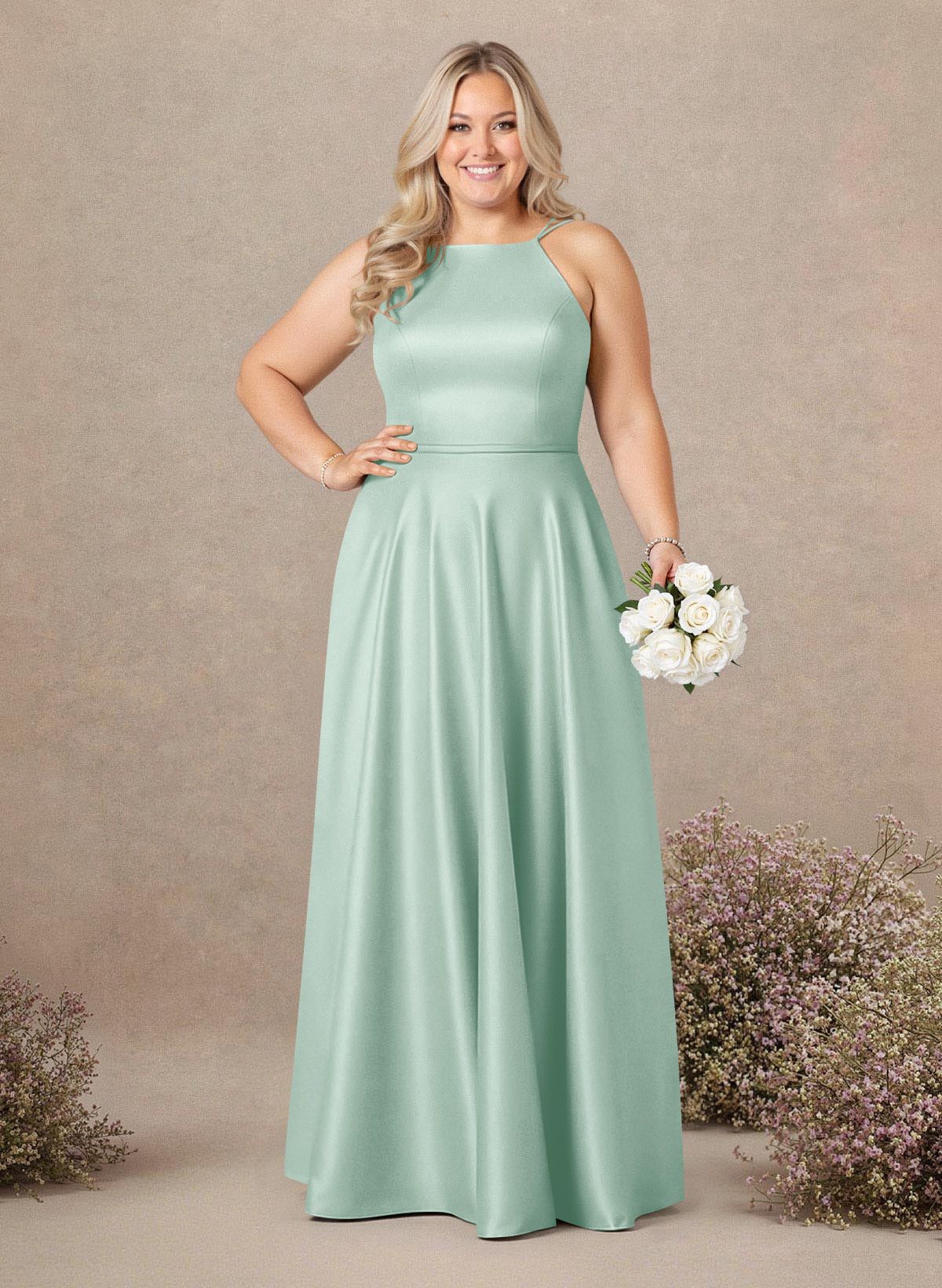 Classic Scoop Neck A-Line Floor-Length Satin Bridesmaid Dresses, product image 194
