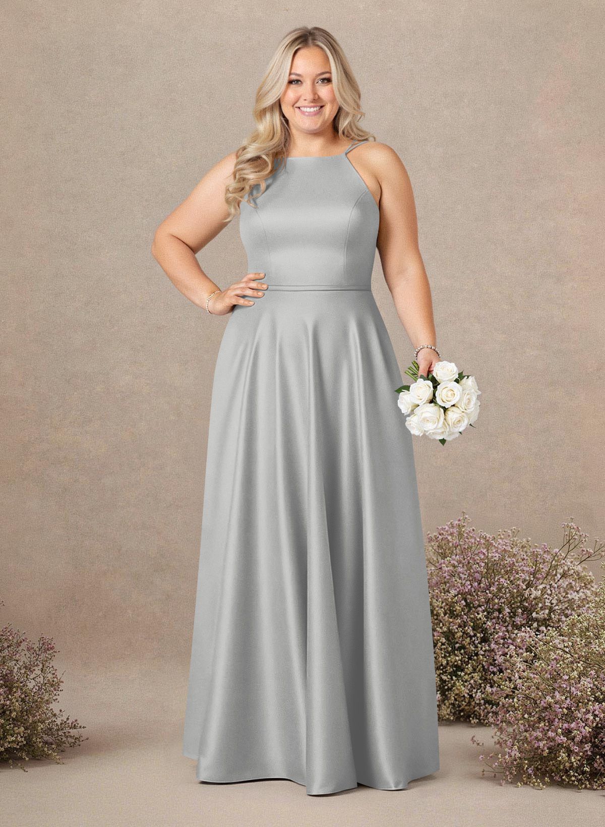 Classic Scoop Neck A-Line Floor-Length Satin Bridesmaid Dresses, product image 170