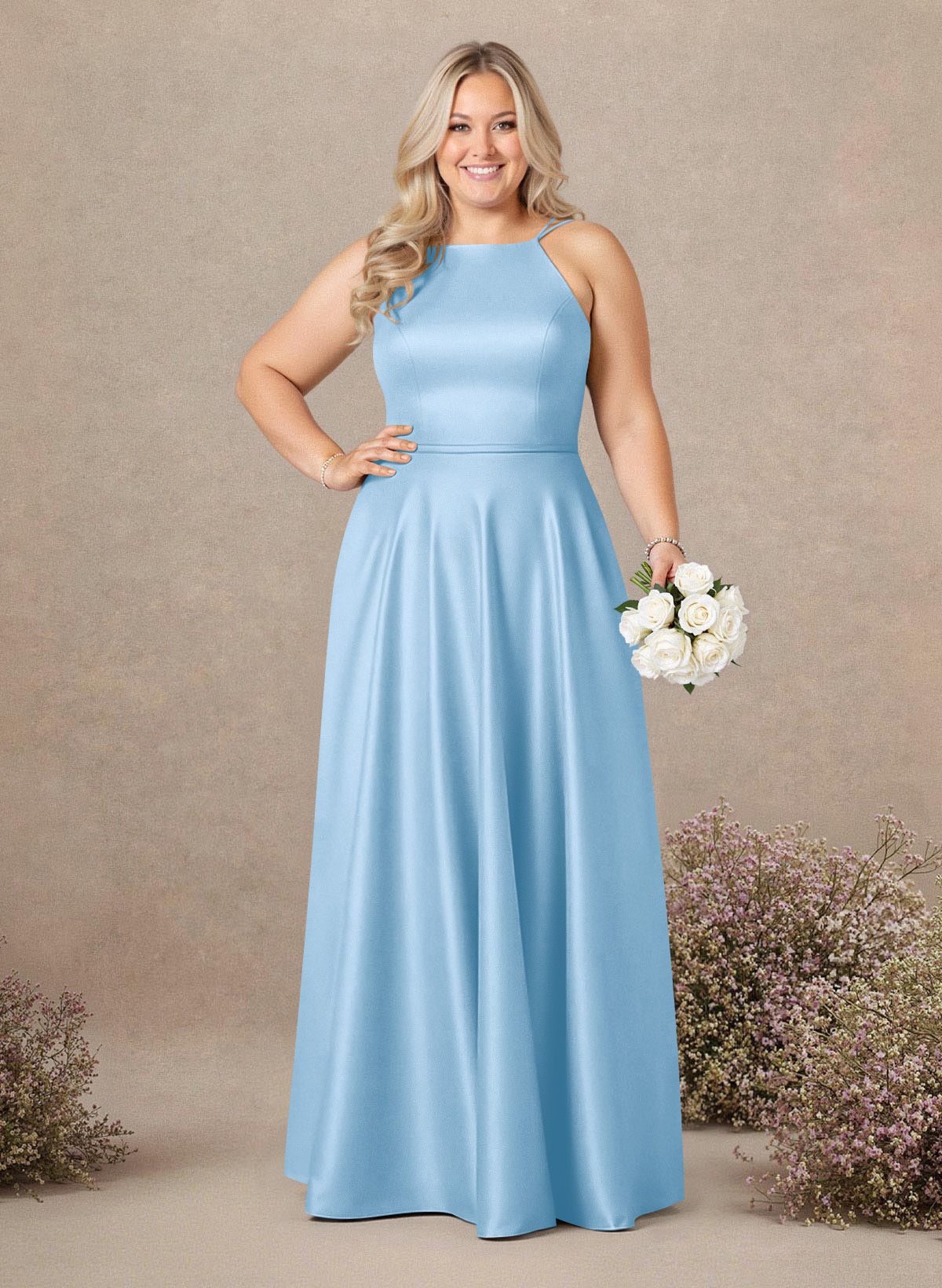 Classic Scoop Neck A-Line Floor-Length Satin Bridesmaid Dresses, product image 142