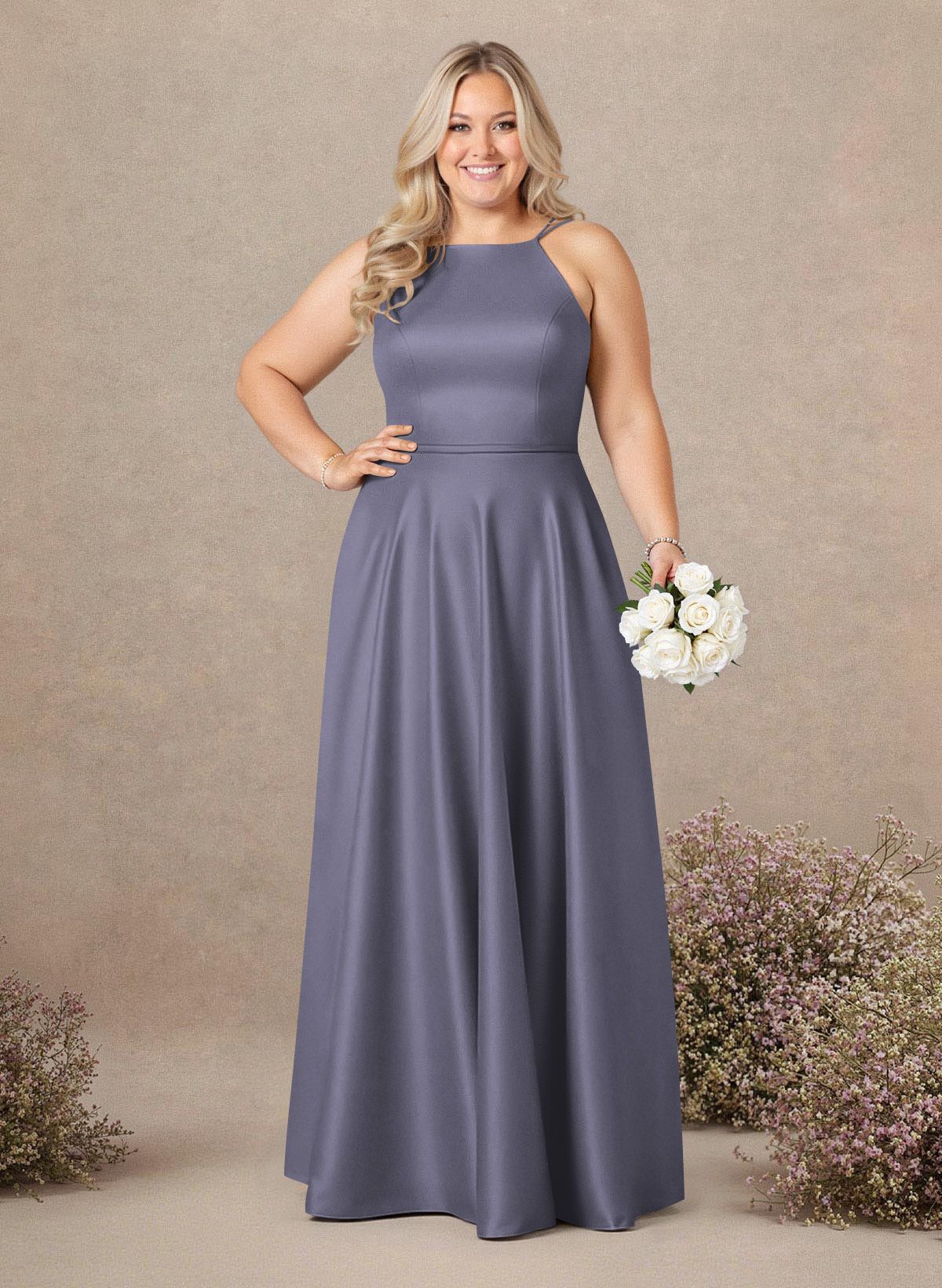 Classic Scoop Neck A-Line Floor-Length Satin Bridesmaid Dresses, product image 268