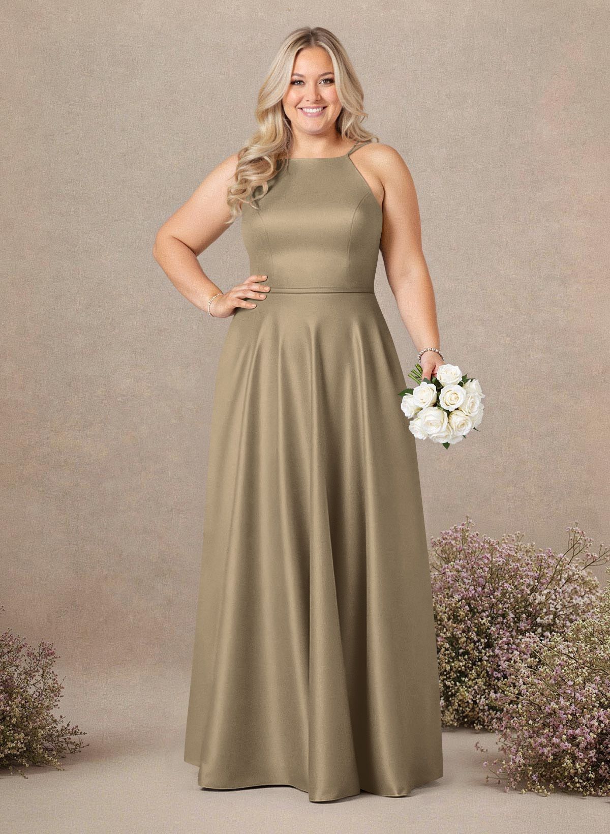 Classic Scoop Neck A-Line Floor-Length Satin Bridesmaid Dresses, product image 186