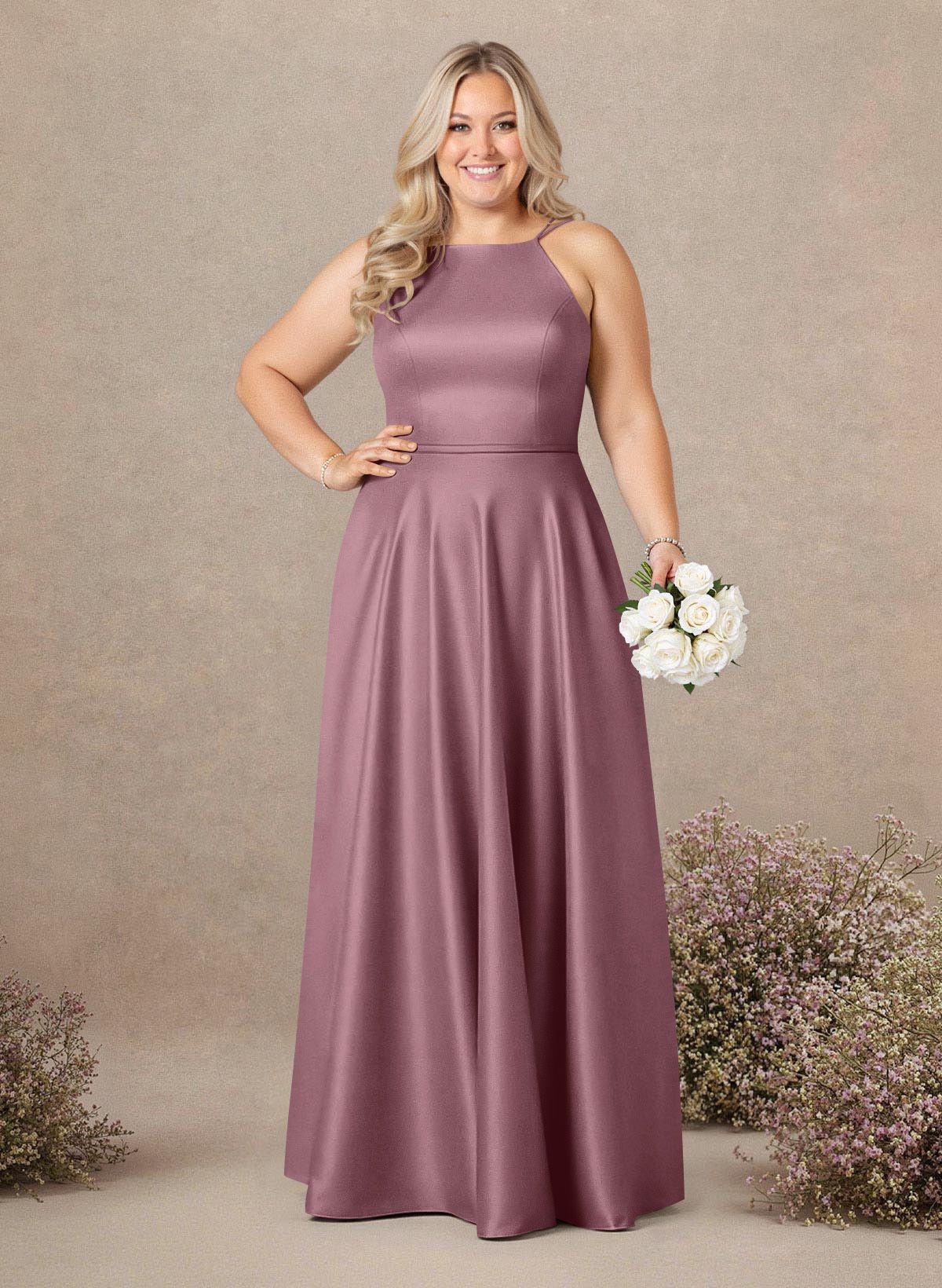 Classic Scoop Neck A-Line Floor-Length Satin Bridesmaid Dresses, product image 222