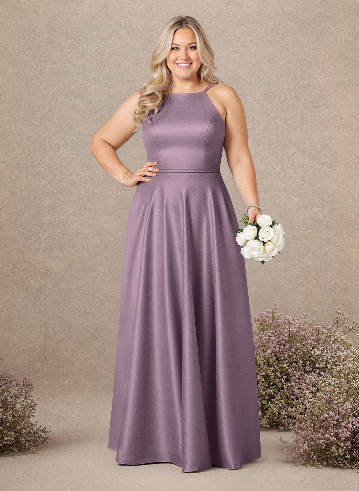 Classic Scoop Neck A-Line Floor-Length Satin Bridesmaid Dresses, product image 224