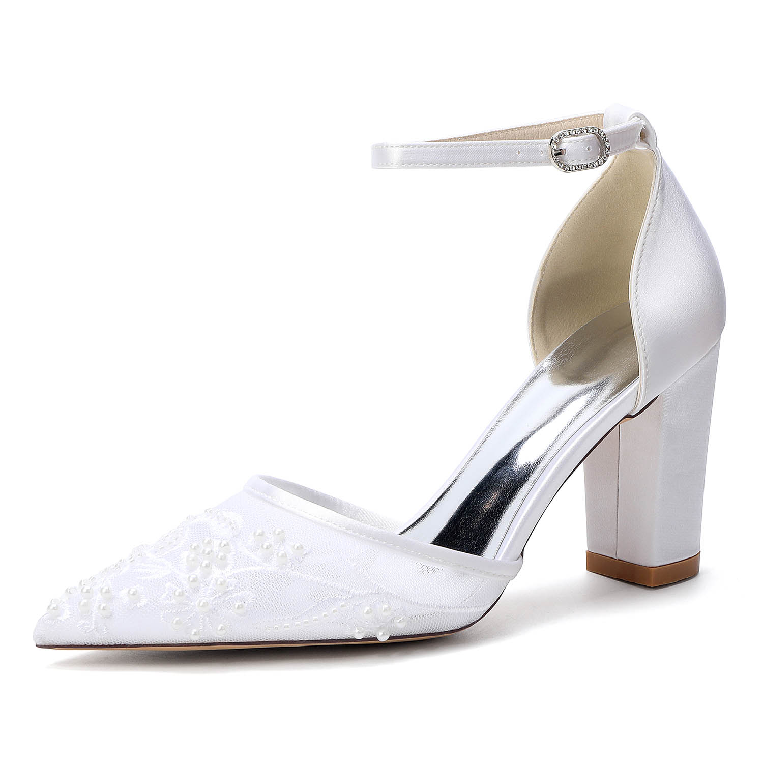 Chunky Heel Lace/Silk Like Satin Point Toe Wedding Shoes With Flower/Beading
