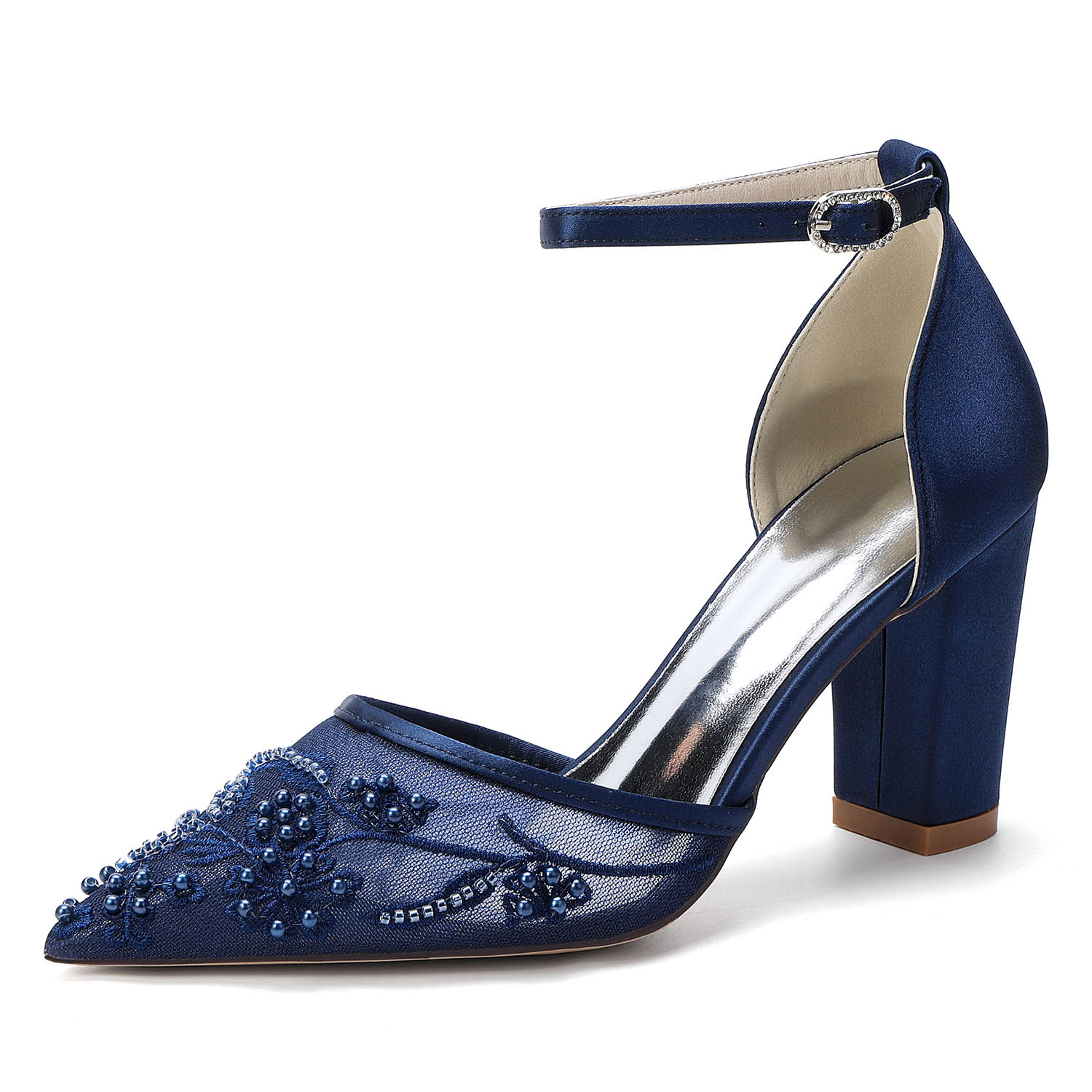 Chunky Heel Lace/Silk Like Satin Point Toe Wedding Shoes With Flower/Beading