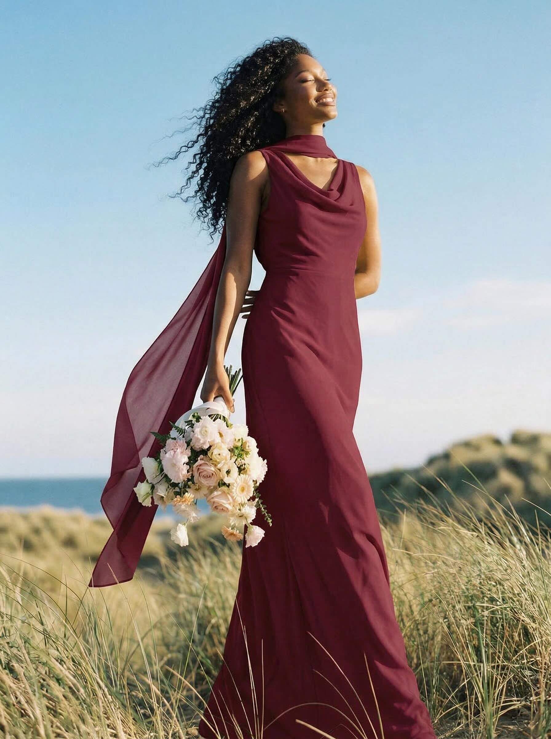 Elegant Sheath/Column Cowl Neck Sleeveless Floor-Length Chiffon Bridesmaid Dresses, product image 13