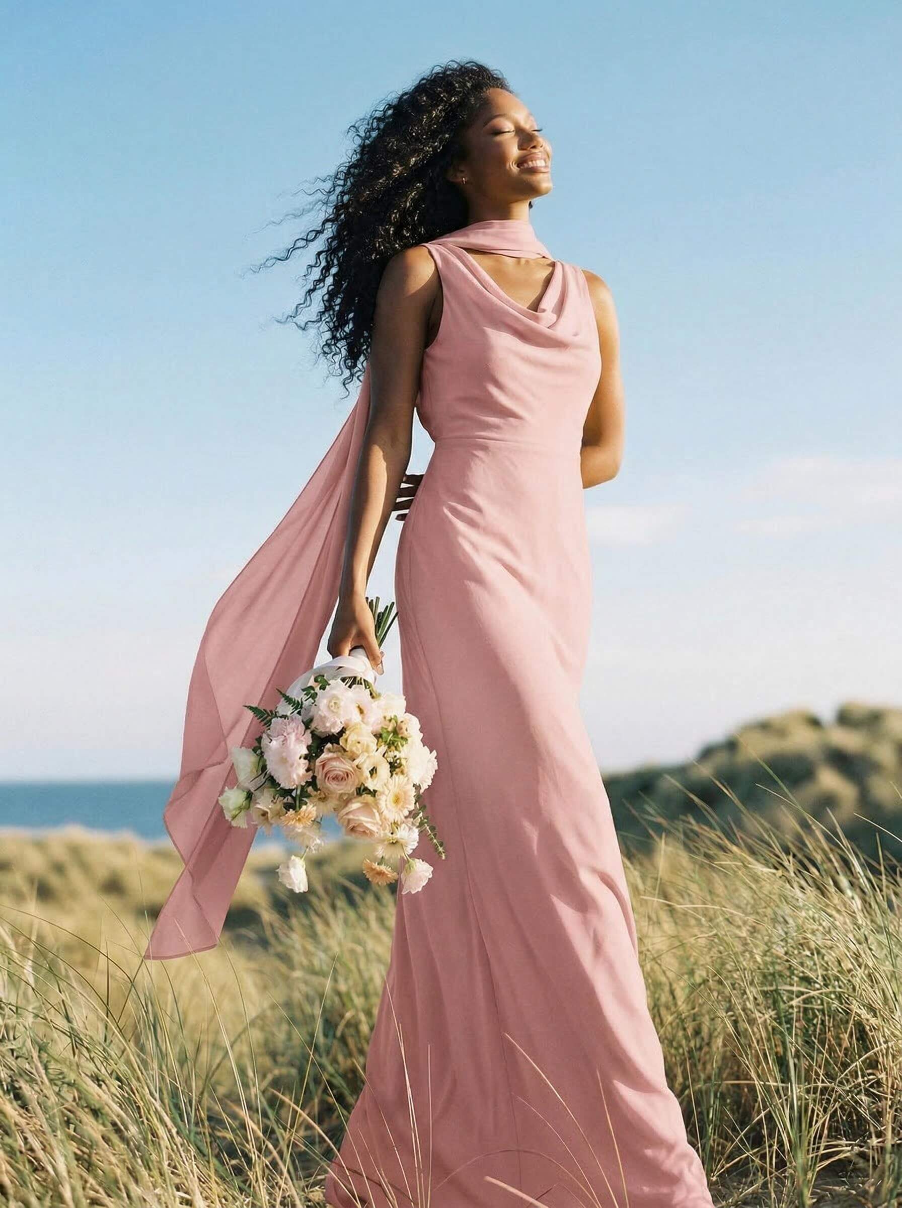 Elegant Sheath/Column Cowl Neck Sleeveless Floor-Length Chiffon Bridesmaid Dresses, product image 11