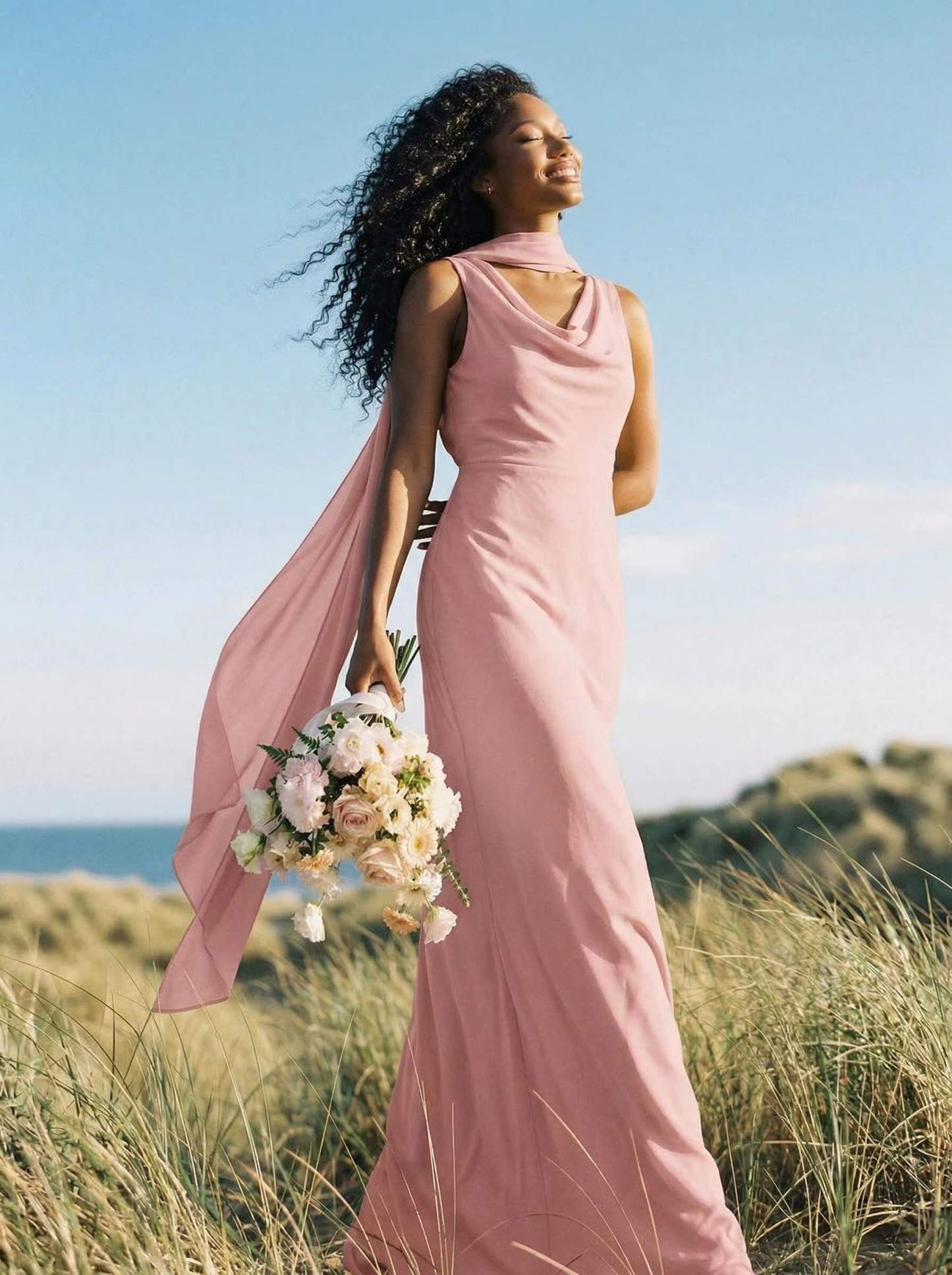 Elegant Sheath/Column Cowl Neck Sleeveless Floor-Length Chiffon Bridesmaid Dresses, product image 11