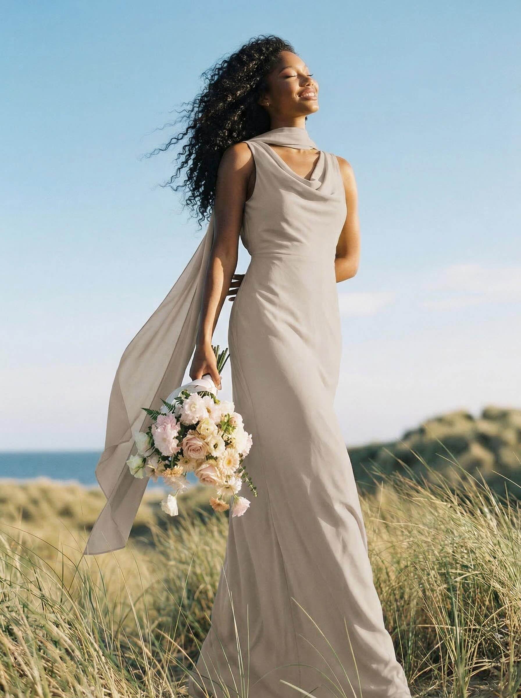 Elegant Sheath/Column Cowl Neck Sleeveless Floor-Length Chiffon Bridesmaid Dresses, product image 9