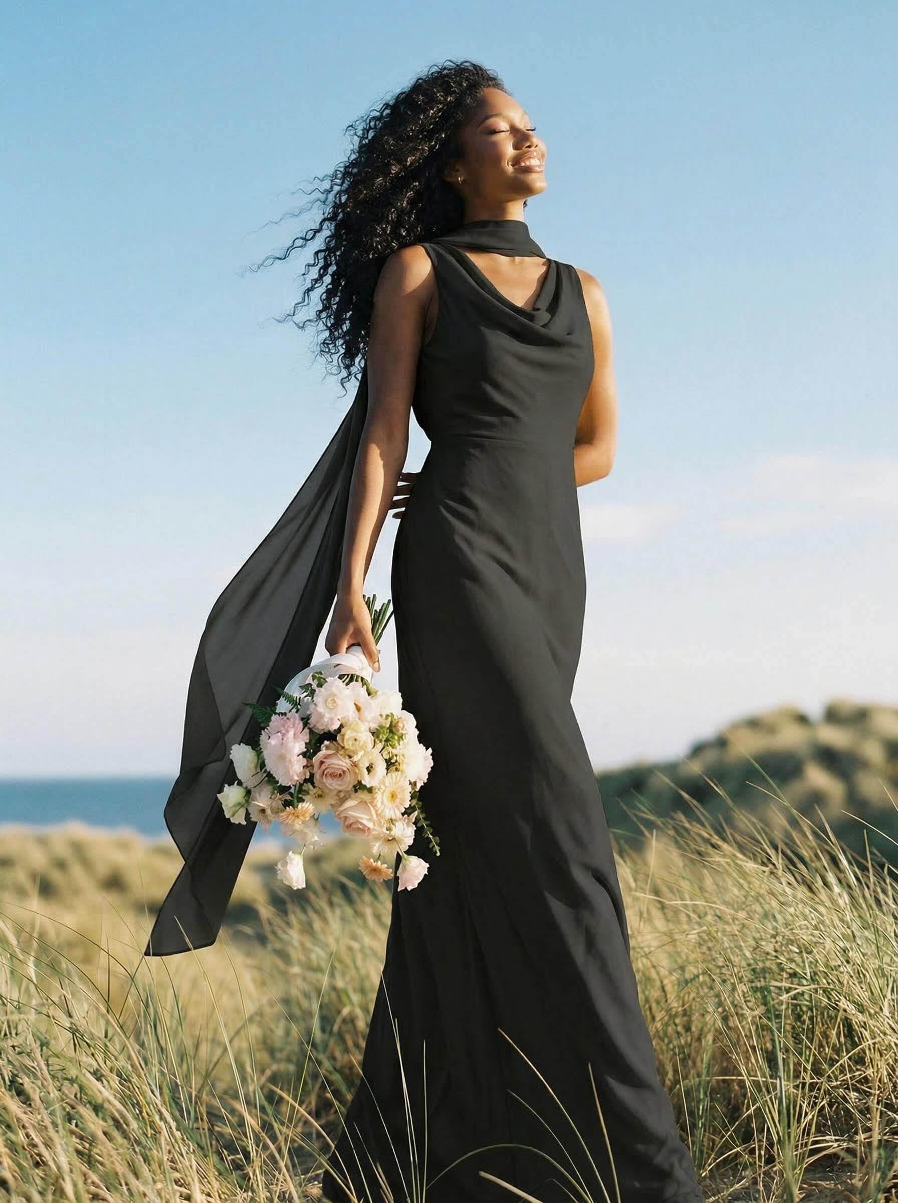 Elegant Sheath/Column Cowl Neck Sleeveless Floor-Length Chiffon Bridesmaid Dresses, product image 10