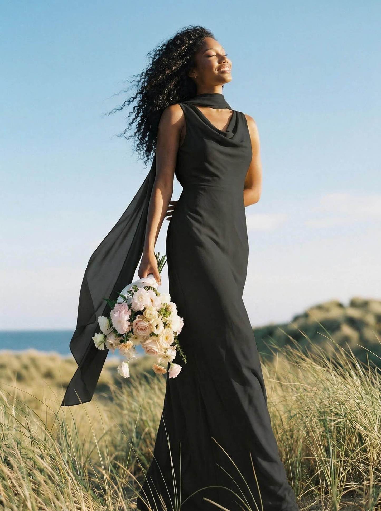 Elegant Sheath/Column Cowl Neck Sleeveless Floor-Length Chiffon Bridesmaid Dresses, product image 10