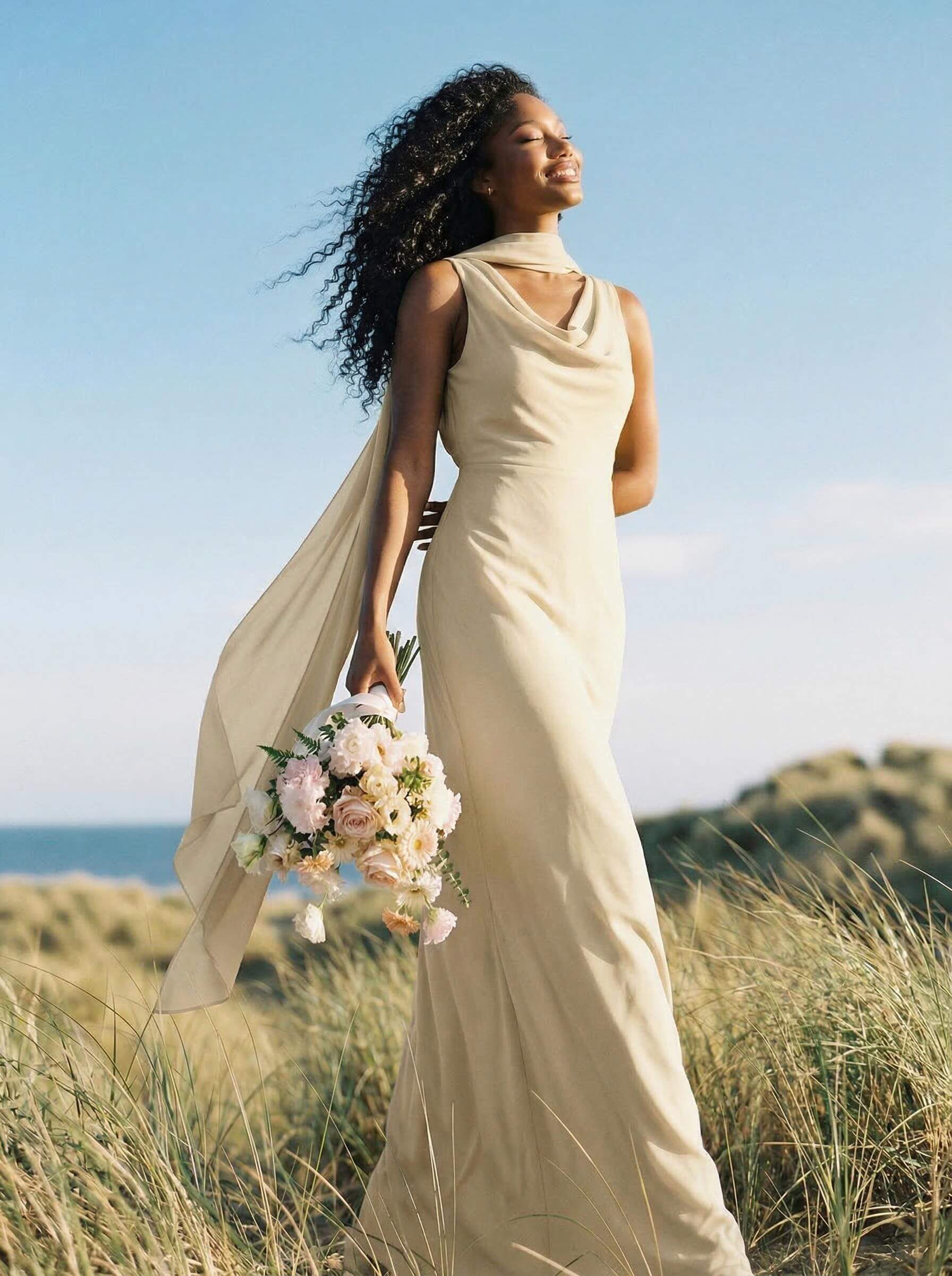 Elegant Sheath/Column Cowl Neck Sleeveless Floor-Length Chiffon Bridesmaid Dresses, product image 17