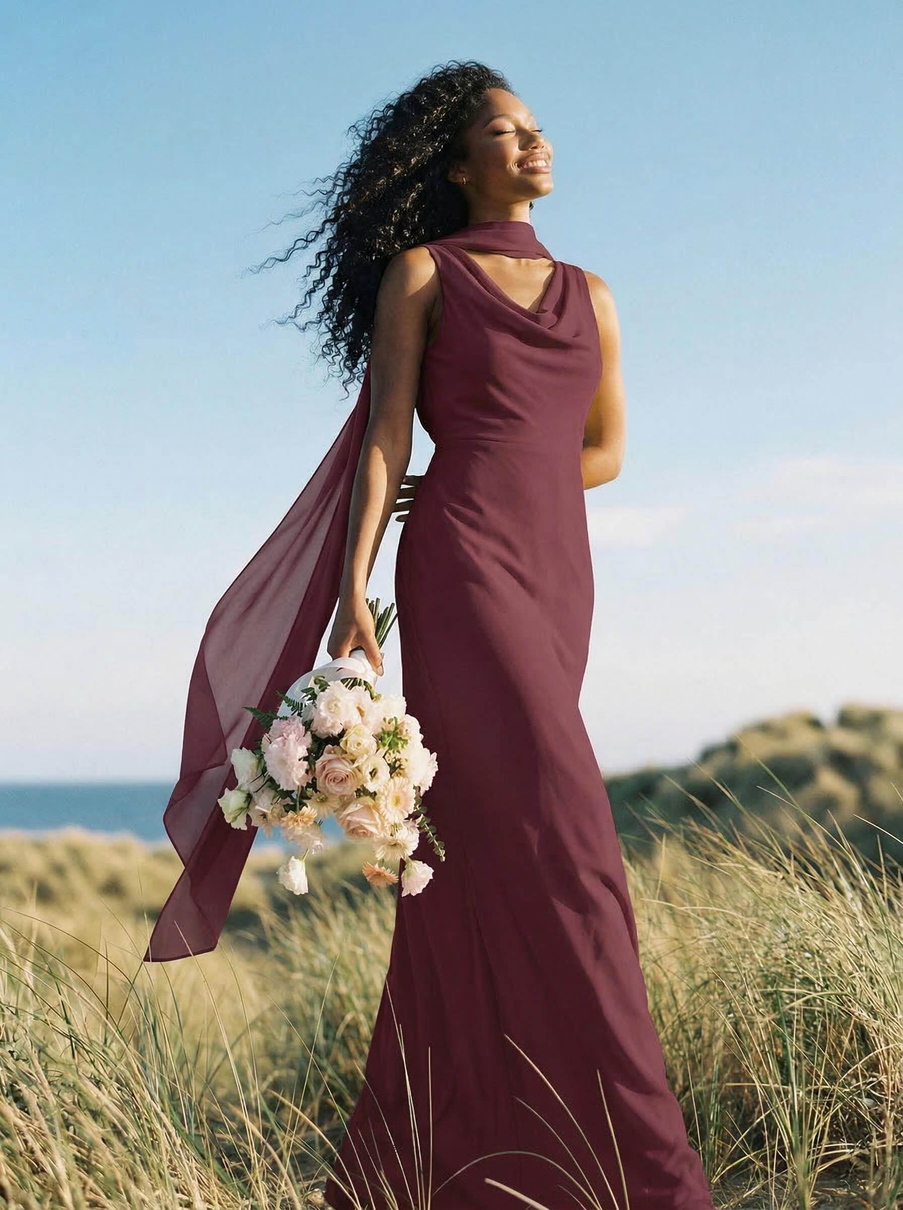 Elegant Sheath/Column Cowl Neck Sleeveless Floor-Length Chiffon Bridesmaid Dresses, product image 15