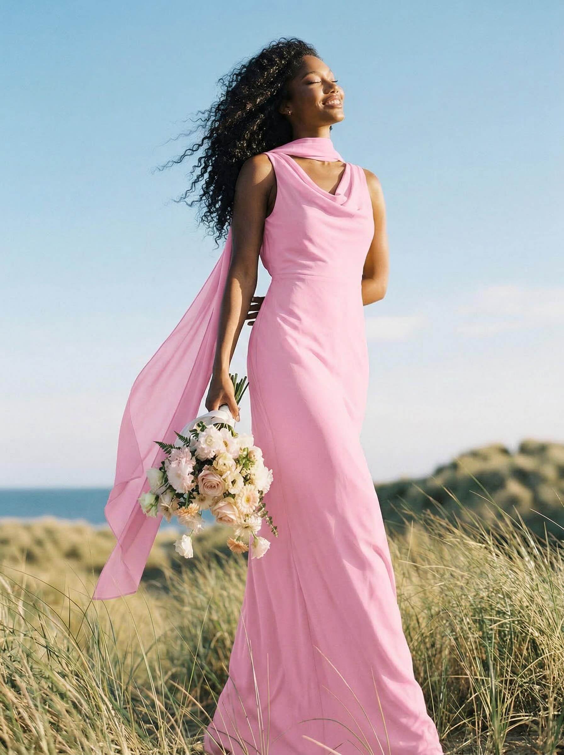 Elegant Sheath/Column Cowl Neck Sleeveless Floor-Length Chiffon Bridesmaid Dresses, product image 16