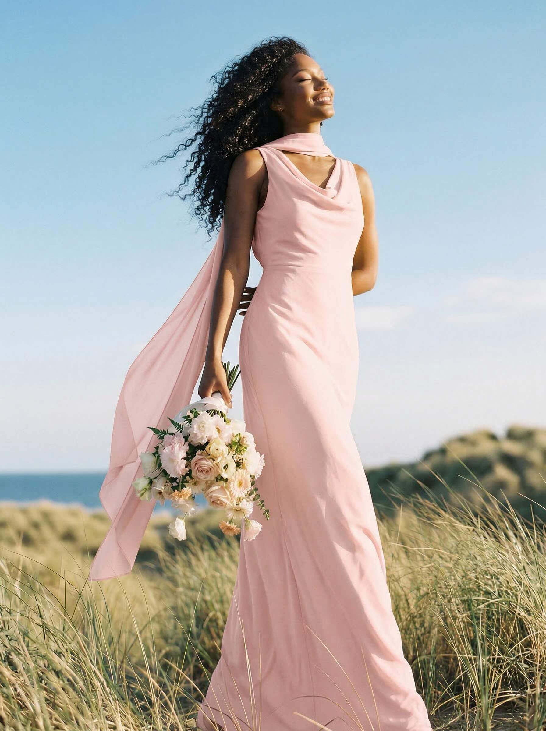 Elegant Sheath/Column Cowl Neck Sleeveless Floor-Length Chiffon Bridesmaid Dresses, product image 12