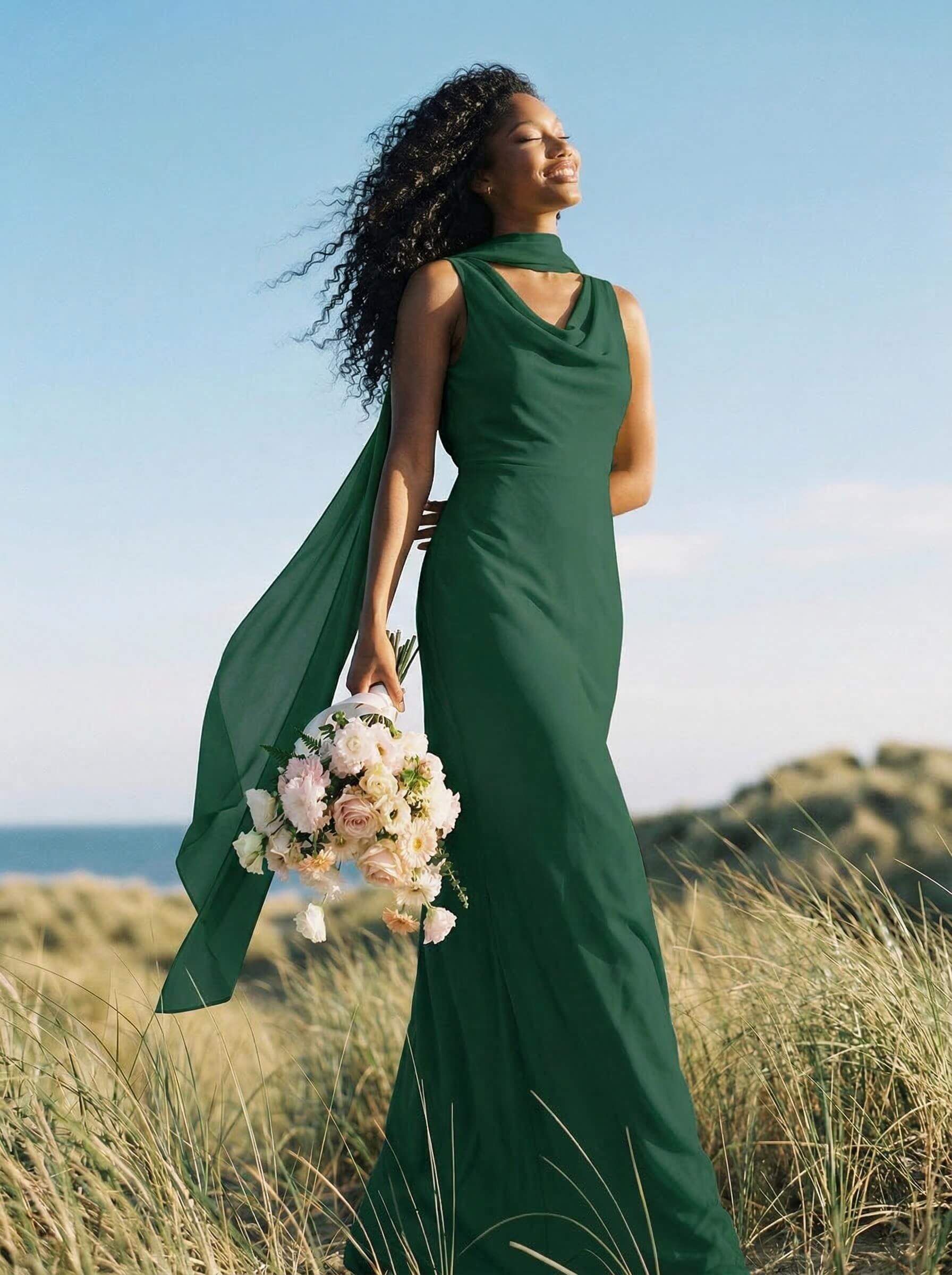 Elegant Sheath/Column Cowl Neck Sleeveless Floor-Length Chiffon Bridesmaid Dresses, product image 19