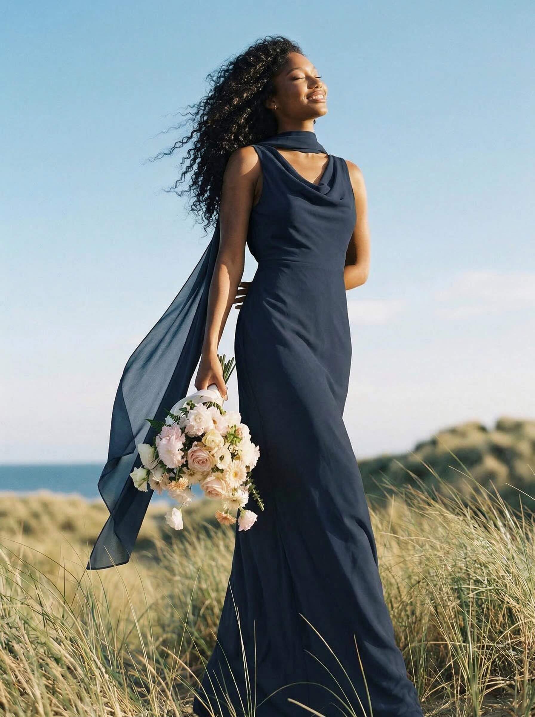Elegant Sheath/Column Cowl Neck Sleeveless Floor-Length Chiffon Bridesmaid Dresses, product image 20