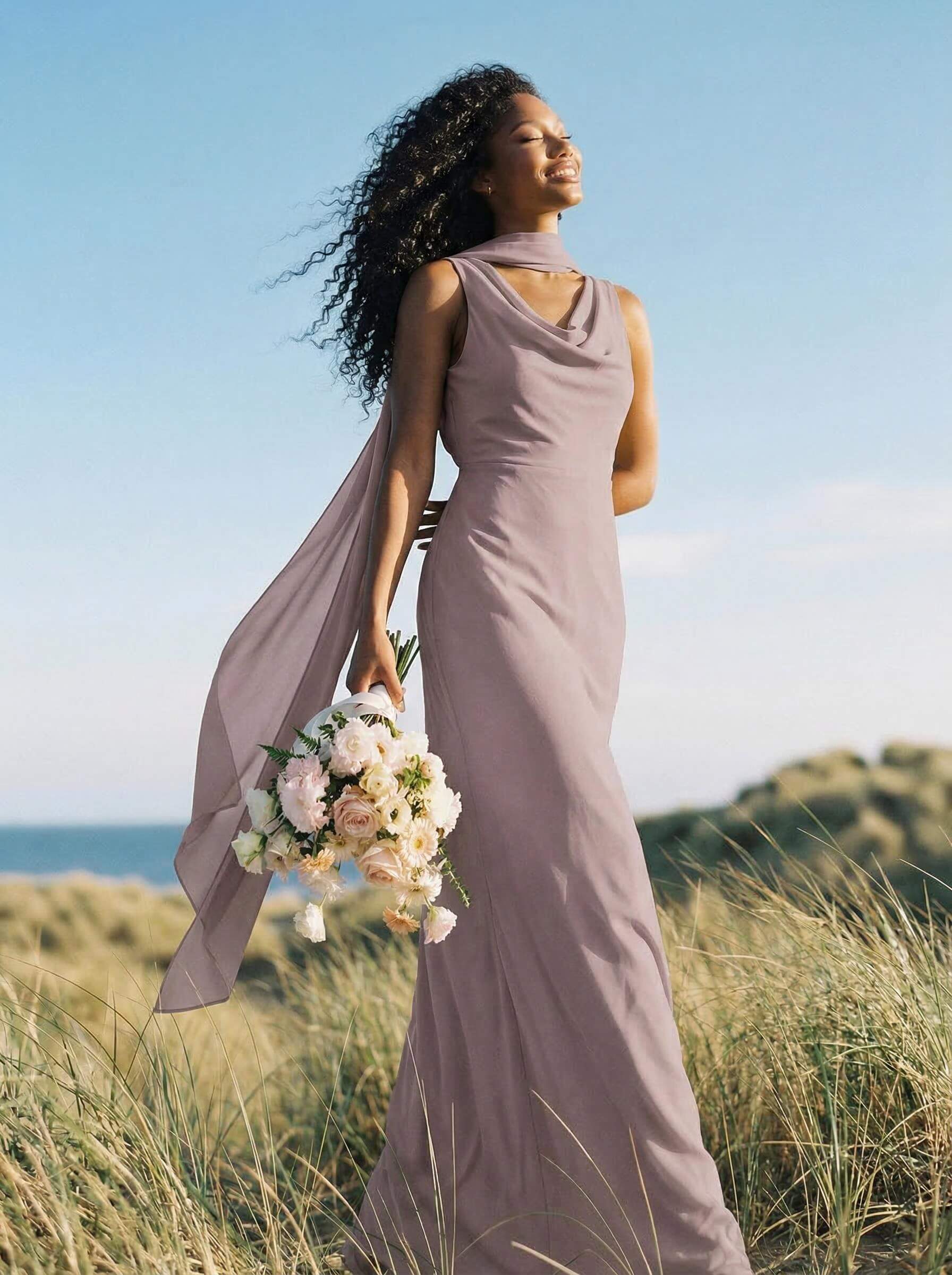 Elegant Sheath/Column Cowl Neck Sleeveless Floor-Length Chiffon Bridesmaid Dresses, product image 21